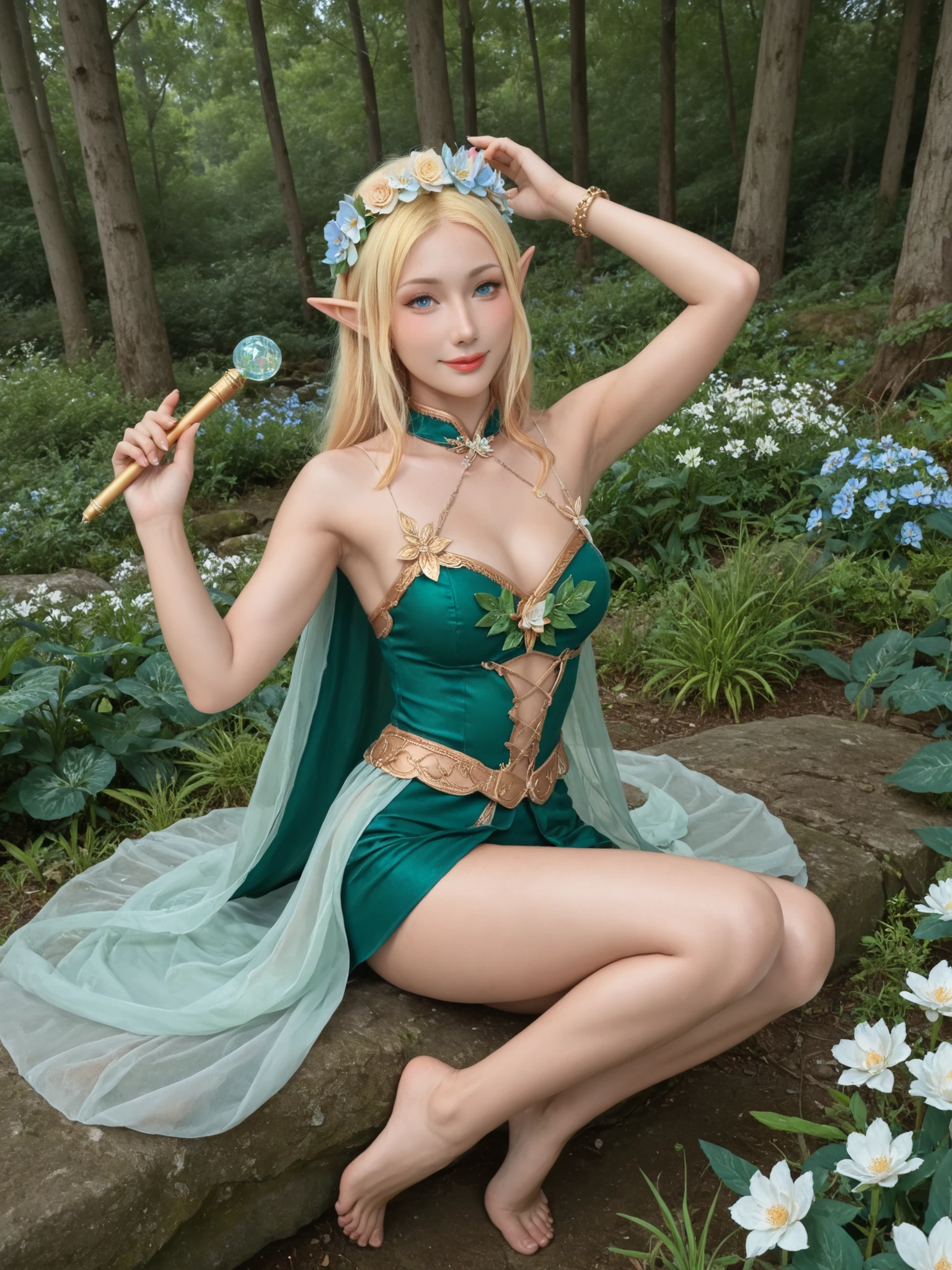 above the tiger,sitting,miniskirt,big boobs,Bare legs,生flowerのヘッドドレス,Blonde,beautiful girl with a smirking face,(Elf costume:1.2), Flower Crown, elf cape, flare skirt ,Clothes,Elegant Pose, Luxurious Elf costume, magic wand),from above),Bangles,  bracelet , under pants,flower,Along the river in the forest,Look up ,soft touch,Delicate Body Curves,Realistic Human Body,Armpit,