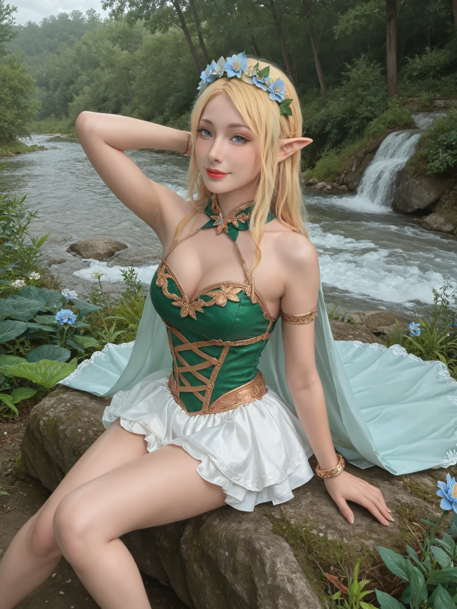 above the tiger,sitting,miniskirt,big boobs,Bare legs,生flowerのヘッドドレス,Blonde,beautiful girl with a smirking face,(Elf costume:1.2), Flower Crown, elf cape, flare skirt ,Clothes,Elegant Pose, Luxurious Elf costume, magic wand),from above),Bangles, bracelet ,buttocks under pants,flower,Along the river in the forest,Look up ,soft touch,Delicate Body Curves,Realistic Human Body,Armpit,