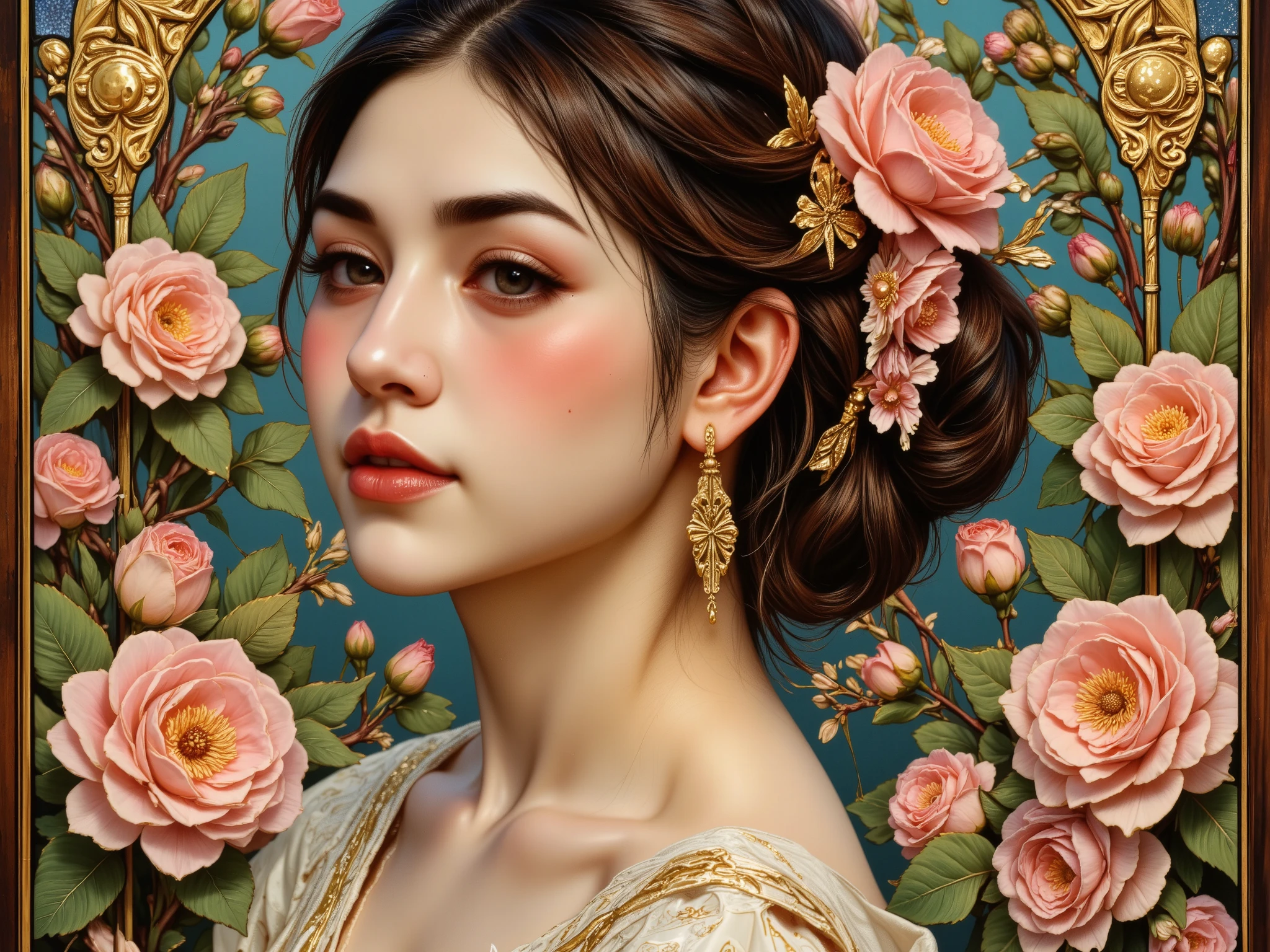  glass painting style、Japanese woman with multiple flower hair ornaments 、Flowers in the background、 stained glass style 