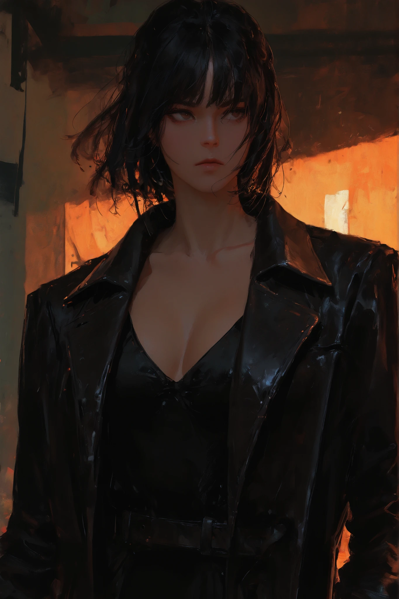 1girl, solo centered, female, leather trenchcoat, elegant, serious, dramatic lighting, Korean comic style , semi-realistic art , semi-realistic art style , expressive brushstrokes , vibrant brushstrokes , impressionist painting detailed, portrait, upper body, guweiz style, wlop style, artgerm style, krenz cushart style, realistic portrait, masterpiece, best quality, absurdres