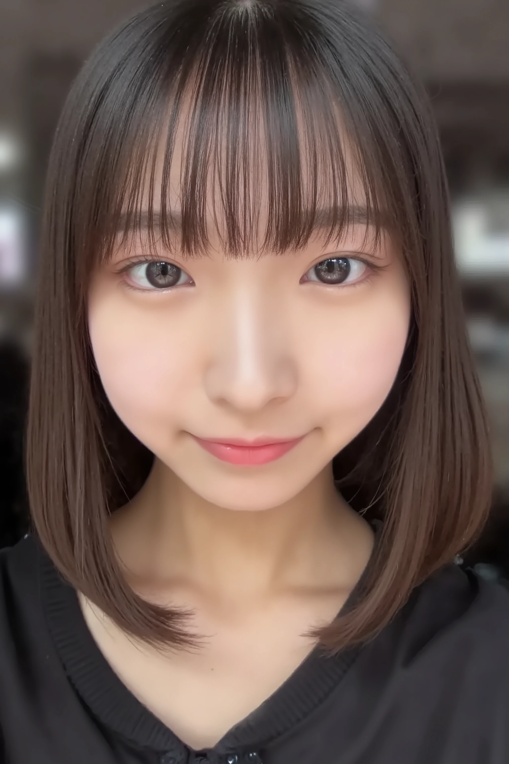 The image is a close-up photograph of a young Asian woman with a fair complexion. Her face dominates the frame, occupying the majority of the image, with her eyes, nose, and lips prominently visible. She has large, almond-shaped eyes with long, thick eyelashes, and her skin is smooth and soft. Her lips are full and slightly parted, revealing a natural, rosy hue. She wears a small silver stud earring in her left ear, adding a subtle touch of personal style.



Her hair is long, dark brown with subtle highlights, and it partially covers her forehead, giving a slightly tousled, casual look. The background is out of focus, but it appears to be a dark, possibly indoor setting, which emphasizes her face and provides a stark contrast to her light complexion. She is wearing a black garment, possibly a top or a sleeve, which is visible at the bottom of the image. The overall mood of the photograph is intimate and personal, capturing a candid moment with a natural, unfiltered aesthetic.
