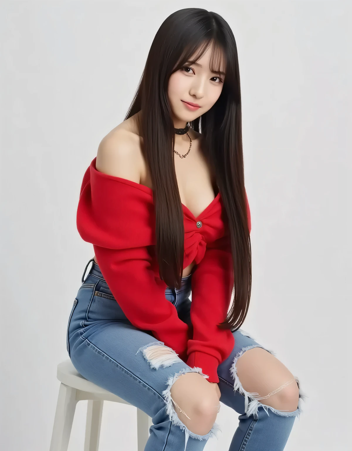 Korean KPOP, ripped jeans, leaning forward, red sweater falling off shoulders, cleavage, , , long hair, flowing hair, narrow , thin thighs, skinny, adult, , full lips, (simple background, white background), (complex details), (dynamic angle), (cinematic lighting), , innocent, sharp