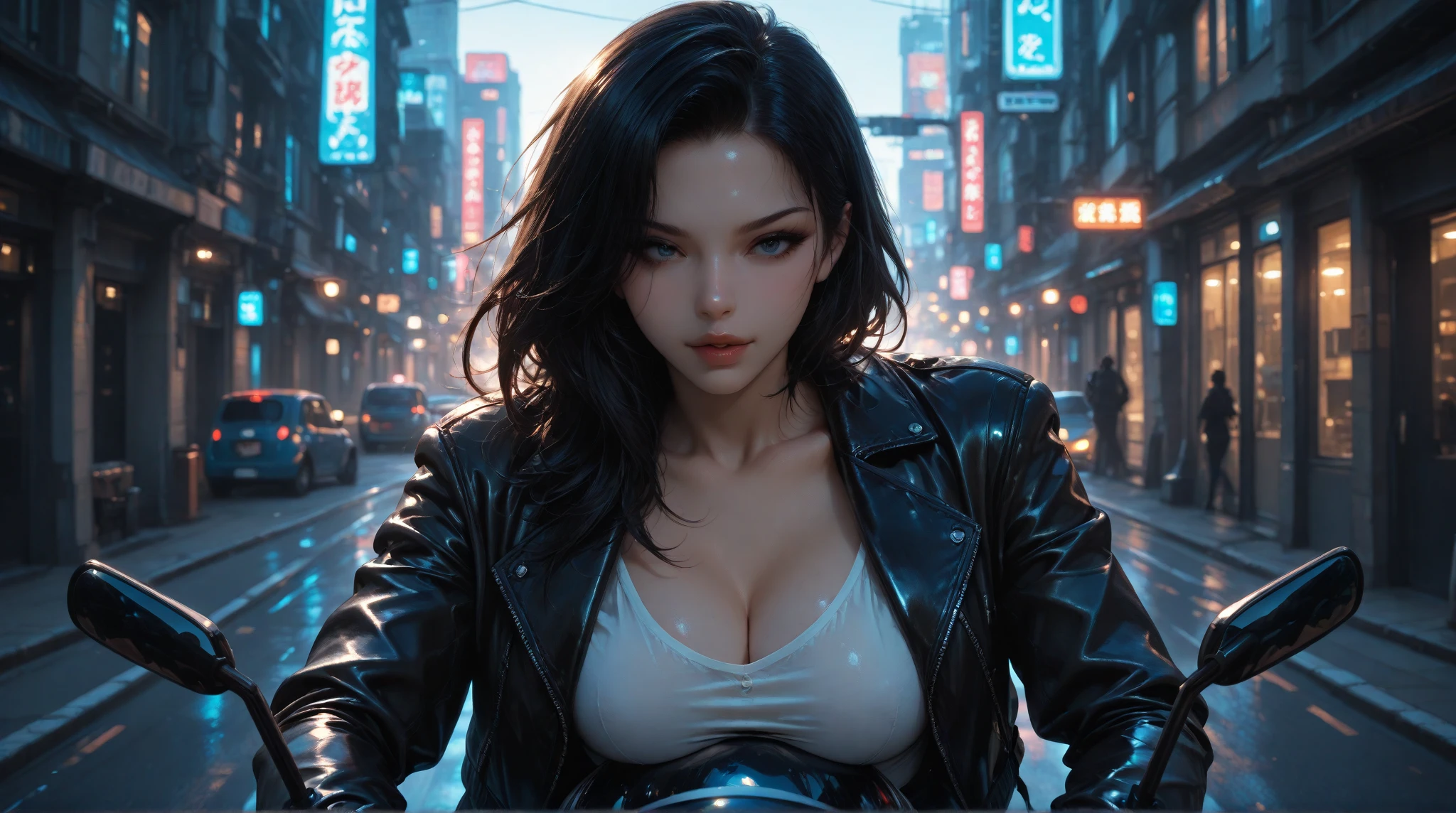 1 policeman,Solo，(3D realistic), Cold，mediuml breasts,(cleavage)，tight leather clothes，cropped shoulders， hyper HD, 8K，dramatics，（Mid-range portrait），looking to the camera，The city of the future，street corner，the night，Sateen，volume fog，steamy，cyber punk perssonage