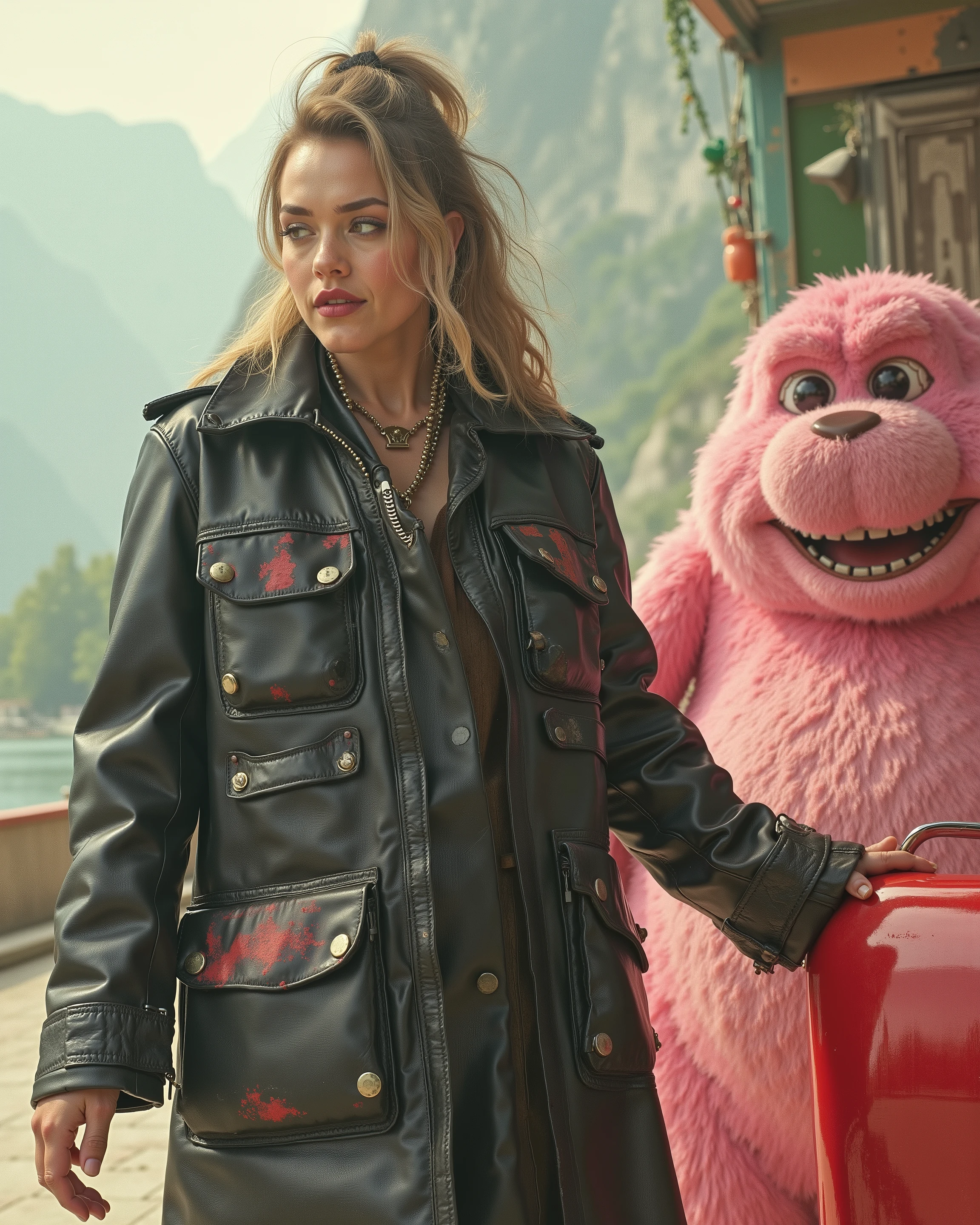 brit1960smoto,in an alternate universe, ethereal colors, a majestic mountainside cafe, a woman wearing a 1960s era leather jacket that is shiny polished black leather with six pockets that are red, the jacket has minor cracking and drying of the sleeves, the woman weighs225 pounds, the woman stands next to a pink and green beast that is cute and large standing on four legs, the beast has a massive smile and has a paw on a large red switch