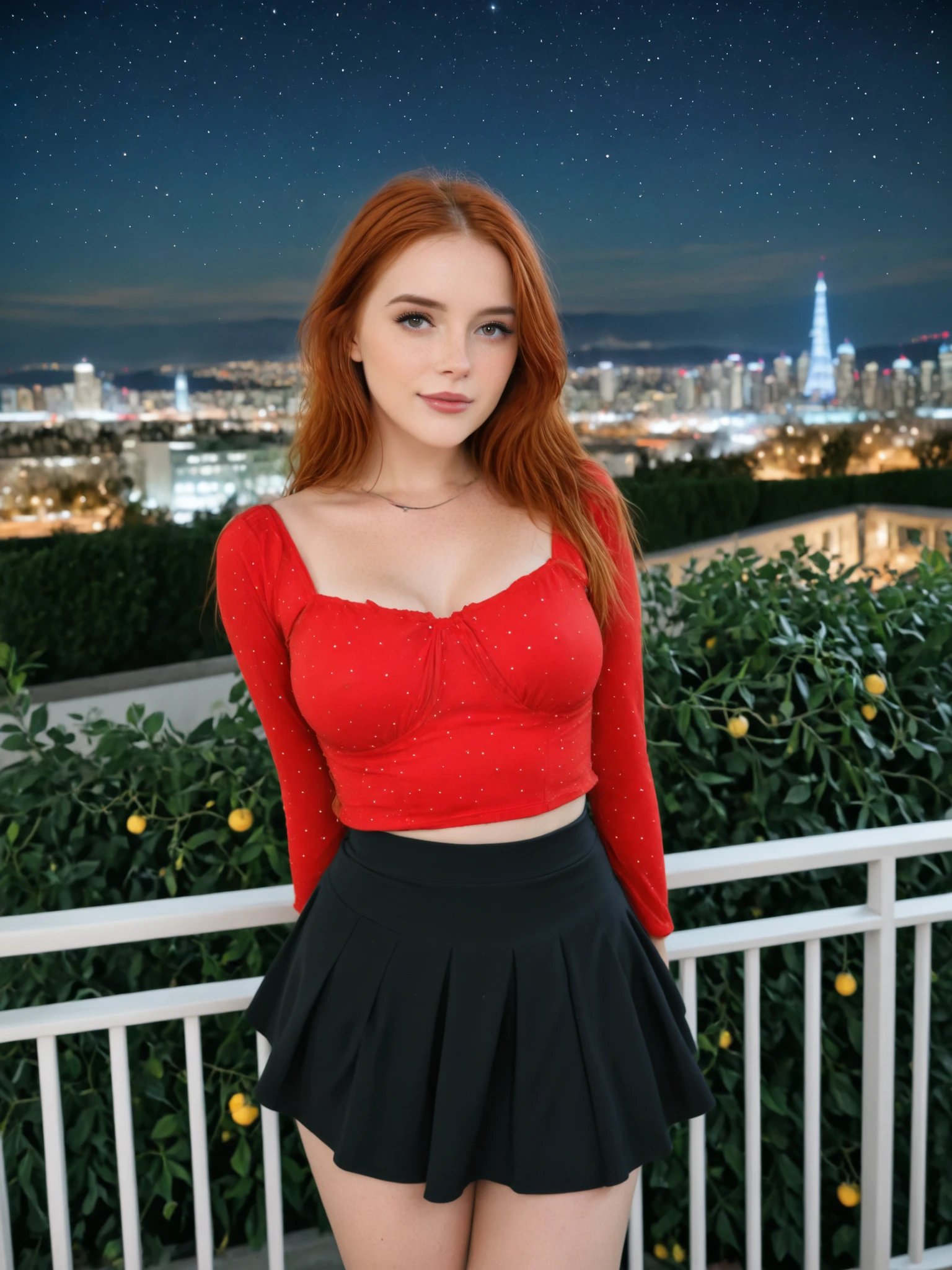 Emma, looking at the camera. Posing above the railing of a balcony with a starry background and a bright city in the background. Wearing sexy clothes, a red top and a black skirt. 