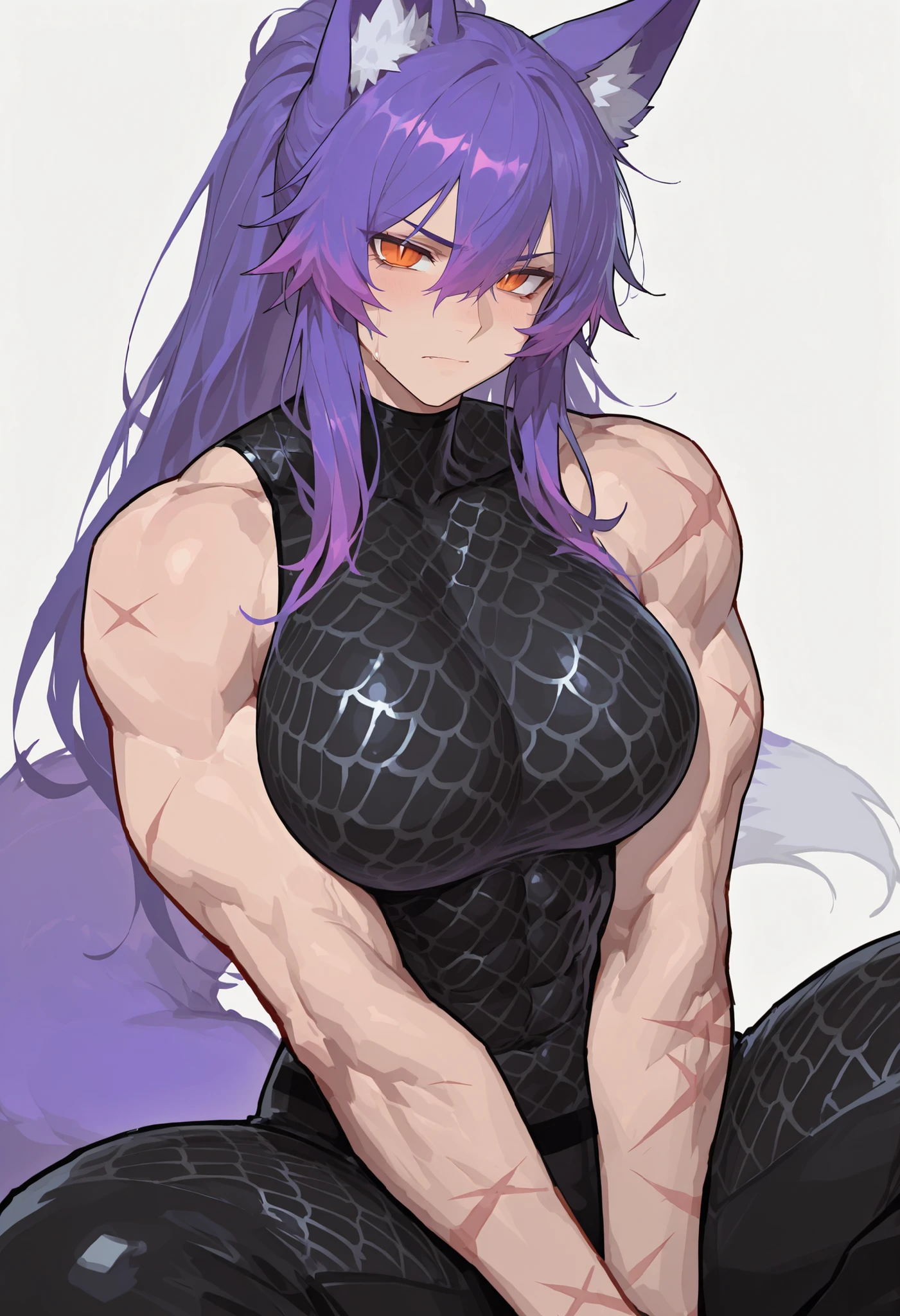 gorgeous kitsune girl, beautiful face, kitsune, purple color hair, orange eyes, slit pupils, detailed eyes, volputrous body, covered breasts, curvy and athletic, kitsune ears, ponytail hair, fox tail, strong, black bodysuit, scaly pattern on suit, dark pants, bare arms and neck, scars on arms, fierce look, defined muscular arms and legs, athletic lanky body, hourglass figure, lean muscles, abs, fox ears, dominant expression, long hair, masterpiece, ultra definition, simple white background, dnd
