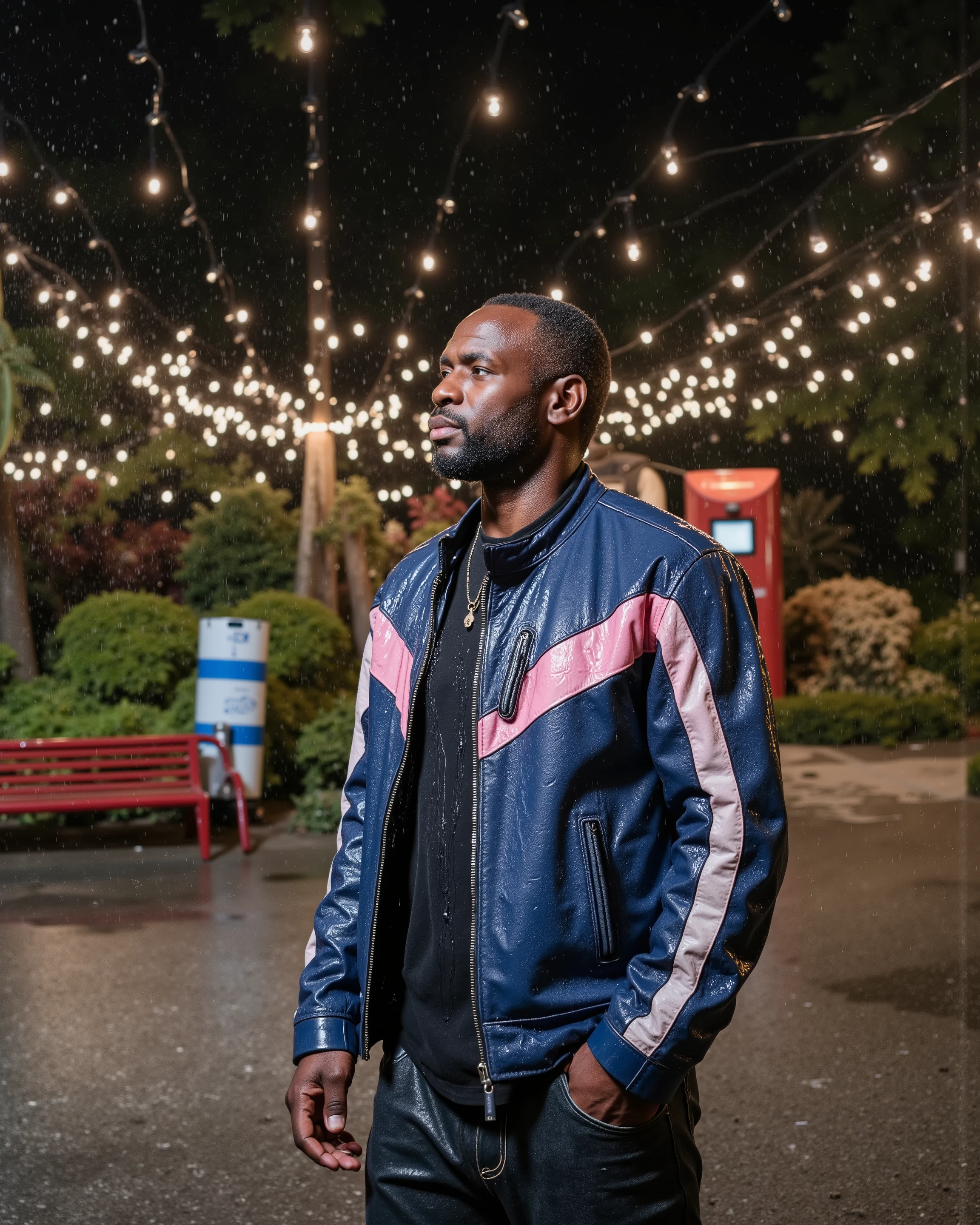 1970swornbluwhtcfrcrjkt,a 58 year old black man wearing a worn blue and pink leather jacket with a white stripe, wearing black leather pants, his clothes have water droplets on them, the man is standing at the side of a park in a japanese prefecture, there are glowing lights suspended above plants, rare colorful plants in a botanic garden, a public parkway, a red bench, a blue and red mailbox, japanese architecture city, evening photography