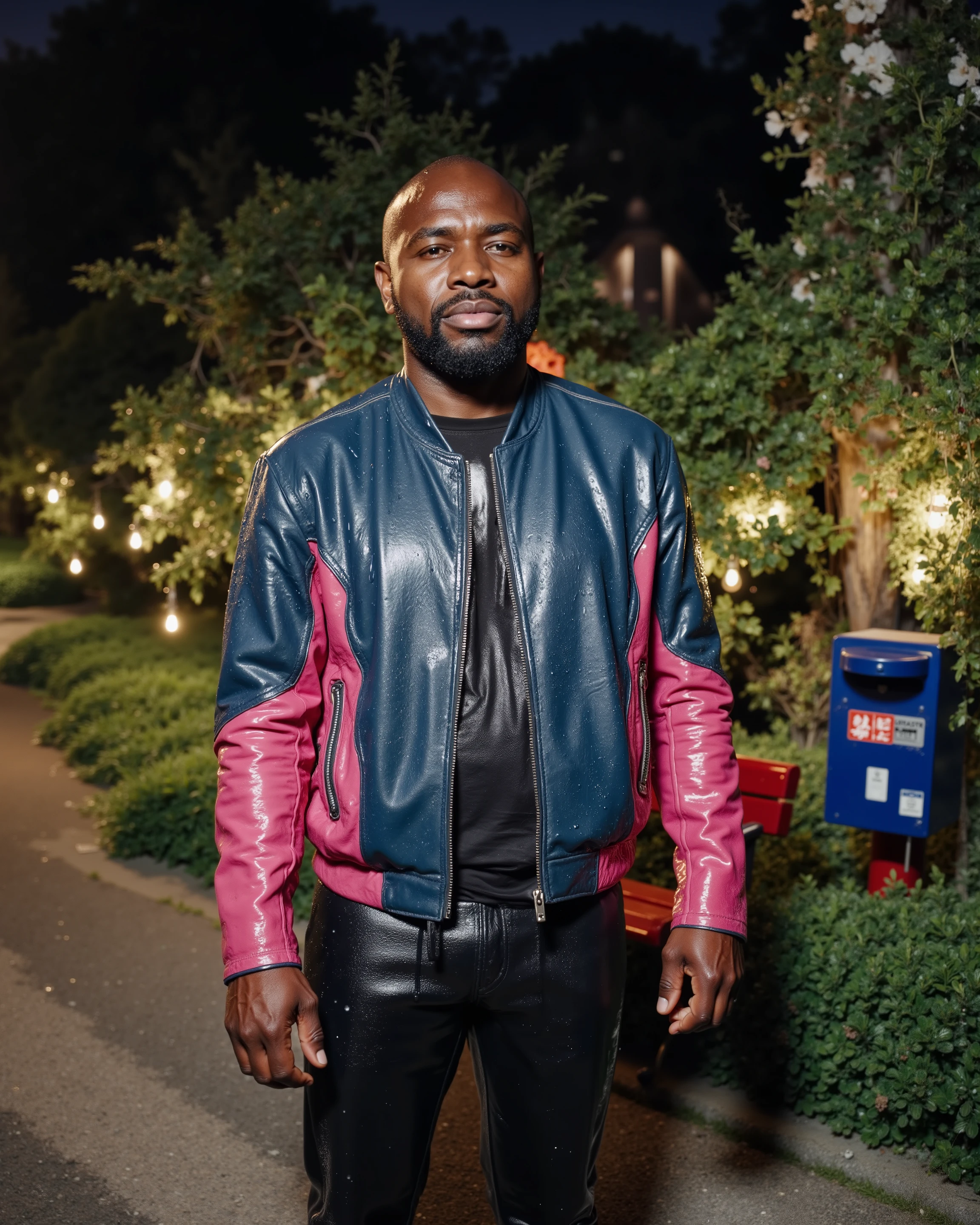 1970swornbluwhtcfrcrjkt,a 58 year old black man wearing a worn blue and pink leather jacket with a white stripe, wearing black leather pants, his clothes have water droplets on them, the man is standing at the side of a park in a japanese prefecture, there are glowing lights suspended above plants, rare colorful plants in a botanic garden, a public parkway, a red bench, a blue and red mailbox, japanese architecture city, evening photography