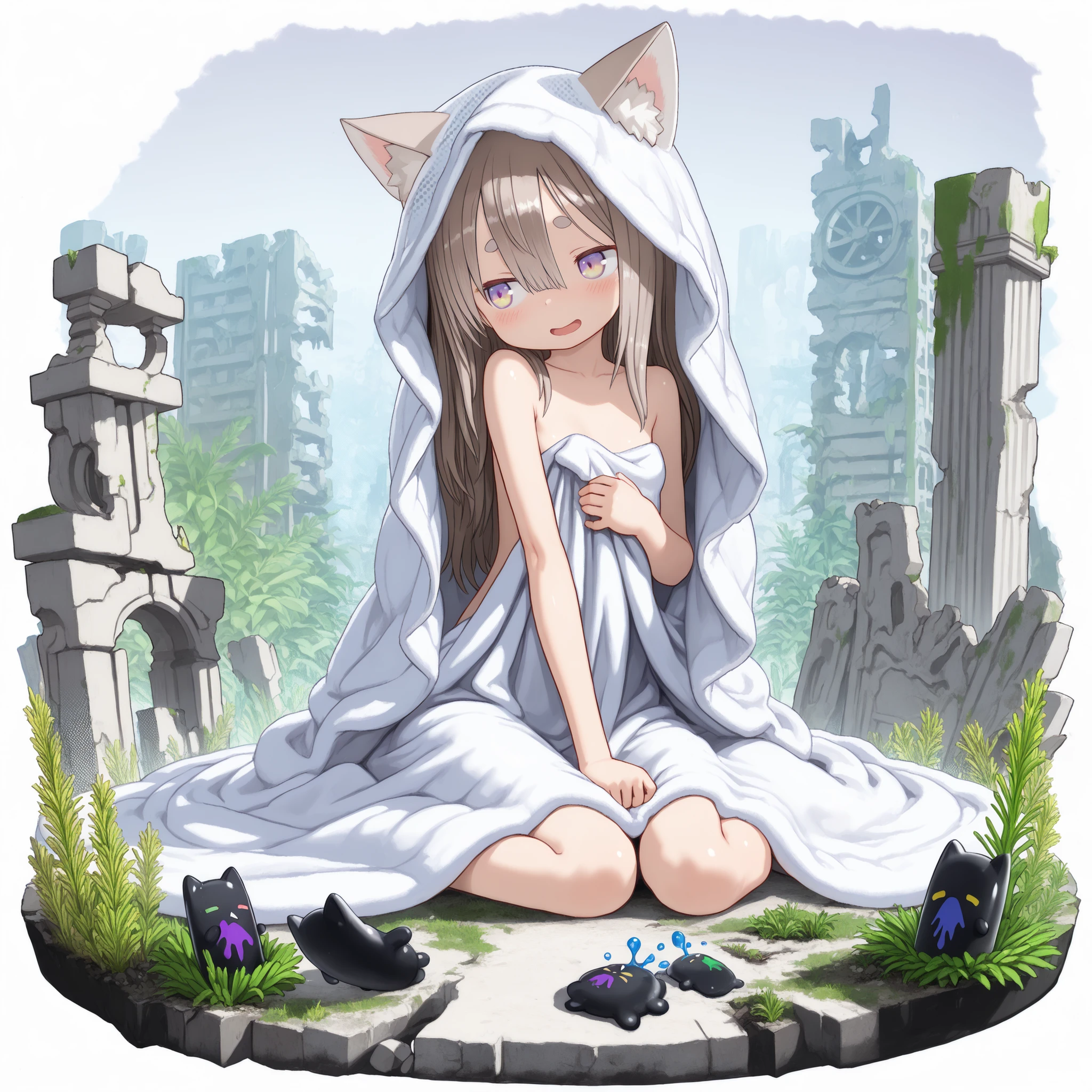 by Tsukushi Akihito, ((Tsukushi Akihito style)), ((Masterpiece)), ((best quality, amazing quality)), ((very aesthetic, absurdres, newest)), (faux figurine:1.5), ((Gacha Splash, Transparent background, Mini background)), (Asymmetrical background), ((halftone)), (cinematic lighting), ((1girl)), Cute young Girl, (Healthy Gaunt body, Textured skin, small breast, tilt head), fuzzy blanket, foamy blanket, tattered dirty blanket, (blanket wrapped naked body, Covering myself with blanket), ((Grab the fuzzy blanket)), shy, blush, Open mouth, (troubled smile), Thin and short eyebrows, troubled eyebrows, fuzzy Cat ears, Pale brown hair, unruly hair, (hair between eyes, long bangs, long side bangs), BREAK, (pale purple eyes, gradient eyes, averting eyes, looking at side), (loose sitting, wariza), outdoor, Beautiful ruins covered with lots of vegetation, aged ruins, pile of rubbles, weeds, sunnyday, ((Idyllic atmosphere)),