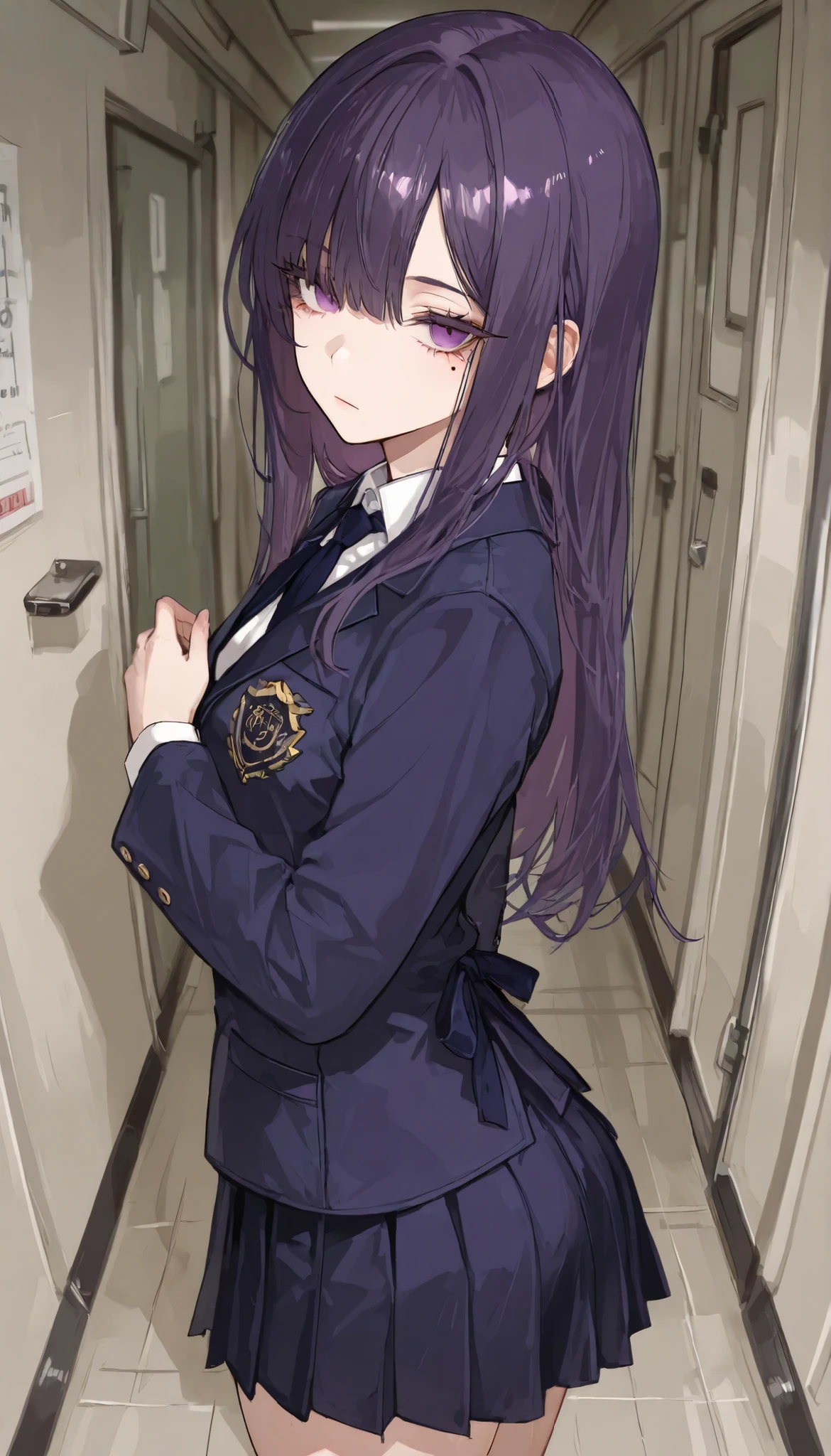 masterpiece,best quality,Super Details,8k,　 mole around eye　 eyelashes　blazer uniform　 hallway　 back hair　 purple eyes　 expressionless　facing viewer