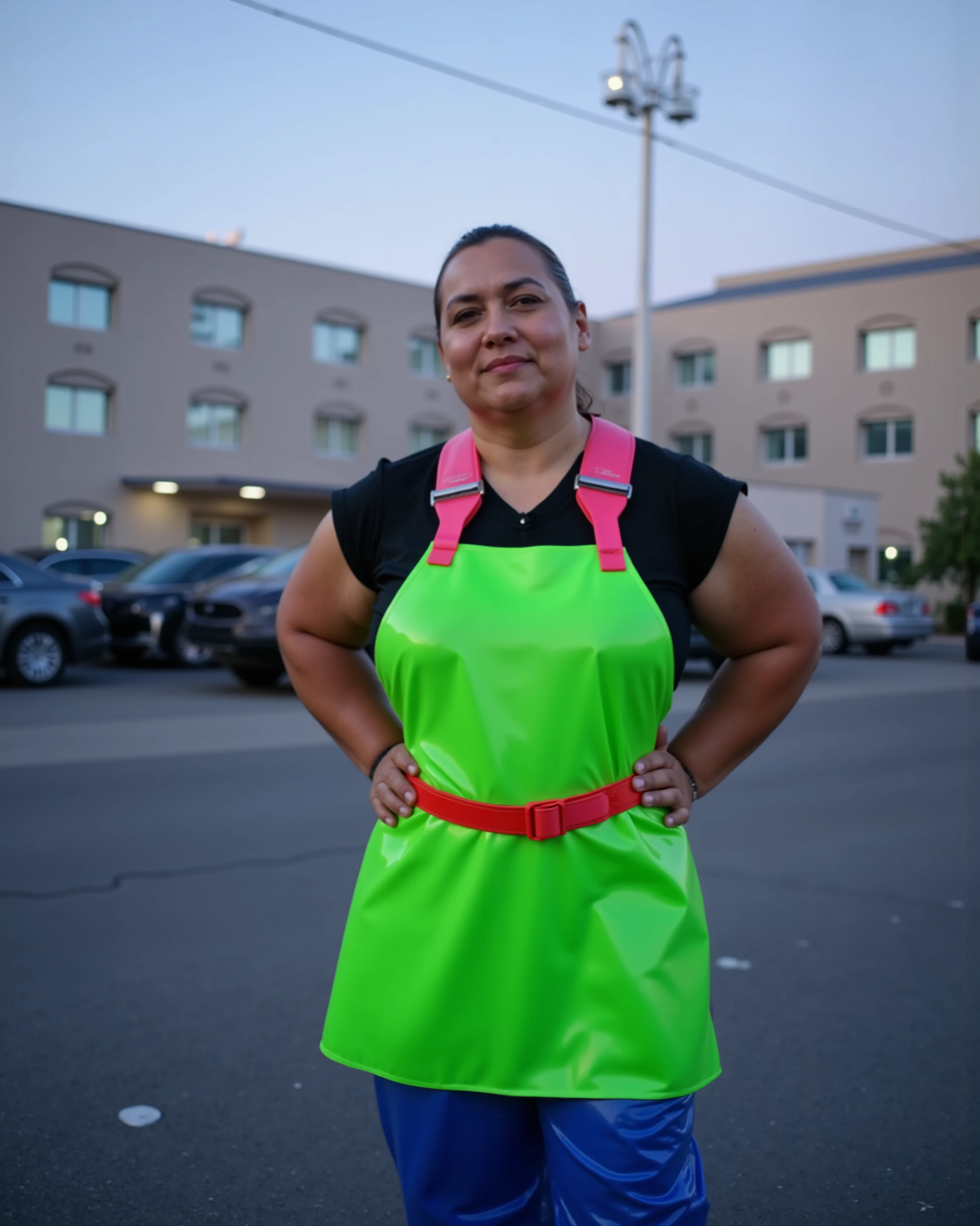 a 48 year old woman weighing 180 pounds standing outside of a hospital in the parking lot at dusk, wearing a neon green lead apron with pink straps at the shoulders and a red hip belt, the woman wears a black vinyl shirt, the woman wears blue vinyl baggy pants, the hospital is futuristic and in a large city