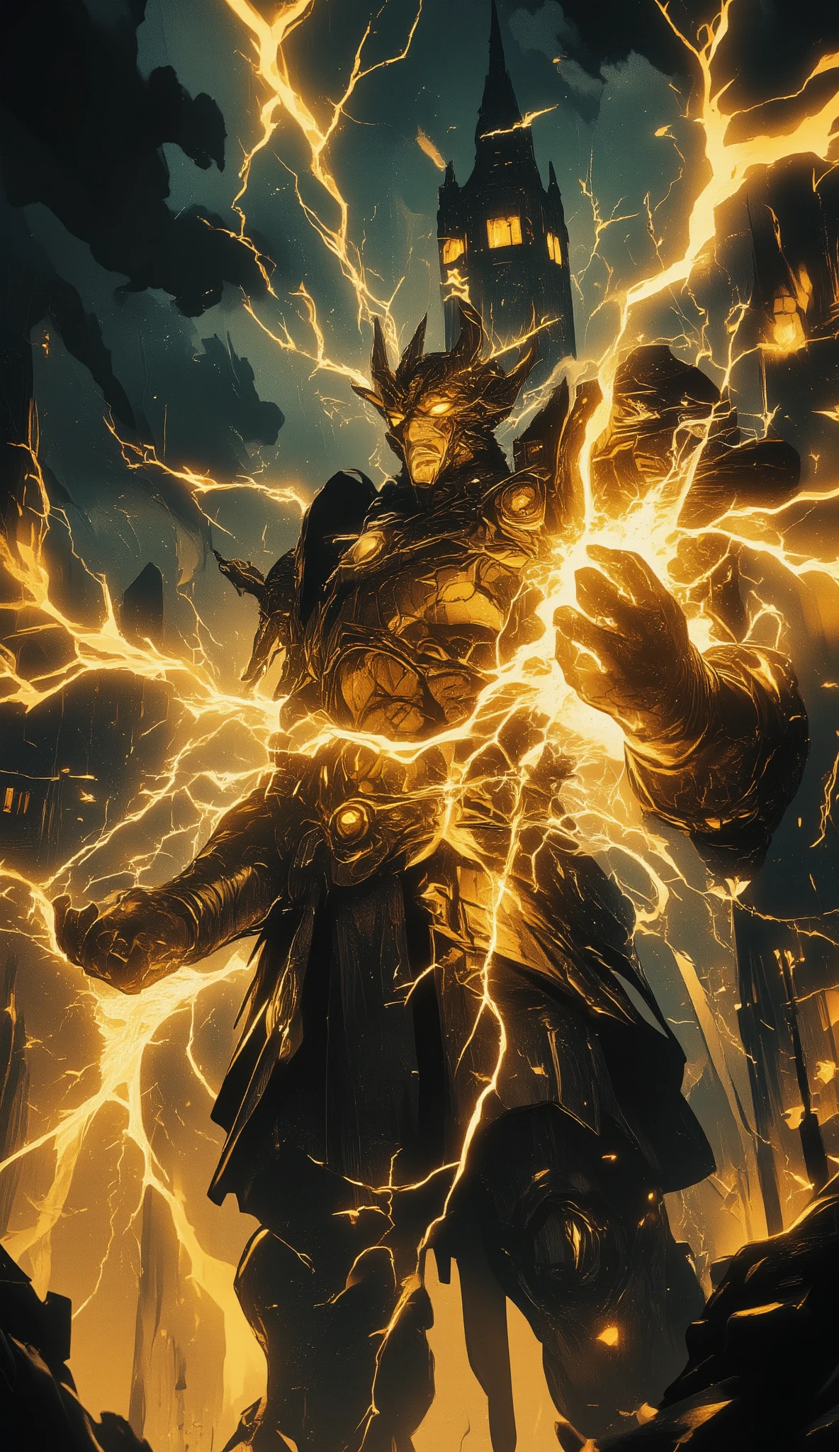 A towering creature stands dramatically in the foreground, resembling a humanoid dragon with scaled skin and fierce, glowing yellow eyes. Its attire consists of a suit of dark armor adorned with intricate designs that enhance its formidable presence. Immense power emanates from the creature's hands, manifesting as brilliant arcs of electricity crackling and illuminating the scene with a vivid golden light. Its stance is imposing, casting an air of command and mastery over elemental forces.
Behind it, a gothic cityscape under a stormy sky serves as the setting, with dark clouds swirling and lightning tearing through the heavens. The silhouetted spires of ancient architecture rise ominously, their windows aglow with warm, inviting light, contrasting with the overall dark and tumultuous atmosphere. This visual spectacle captures a blend of fantasy and raw power, evoking a sense of awe and wonder, tinged with foreboding.