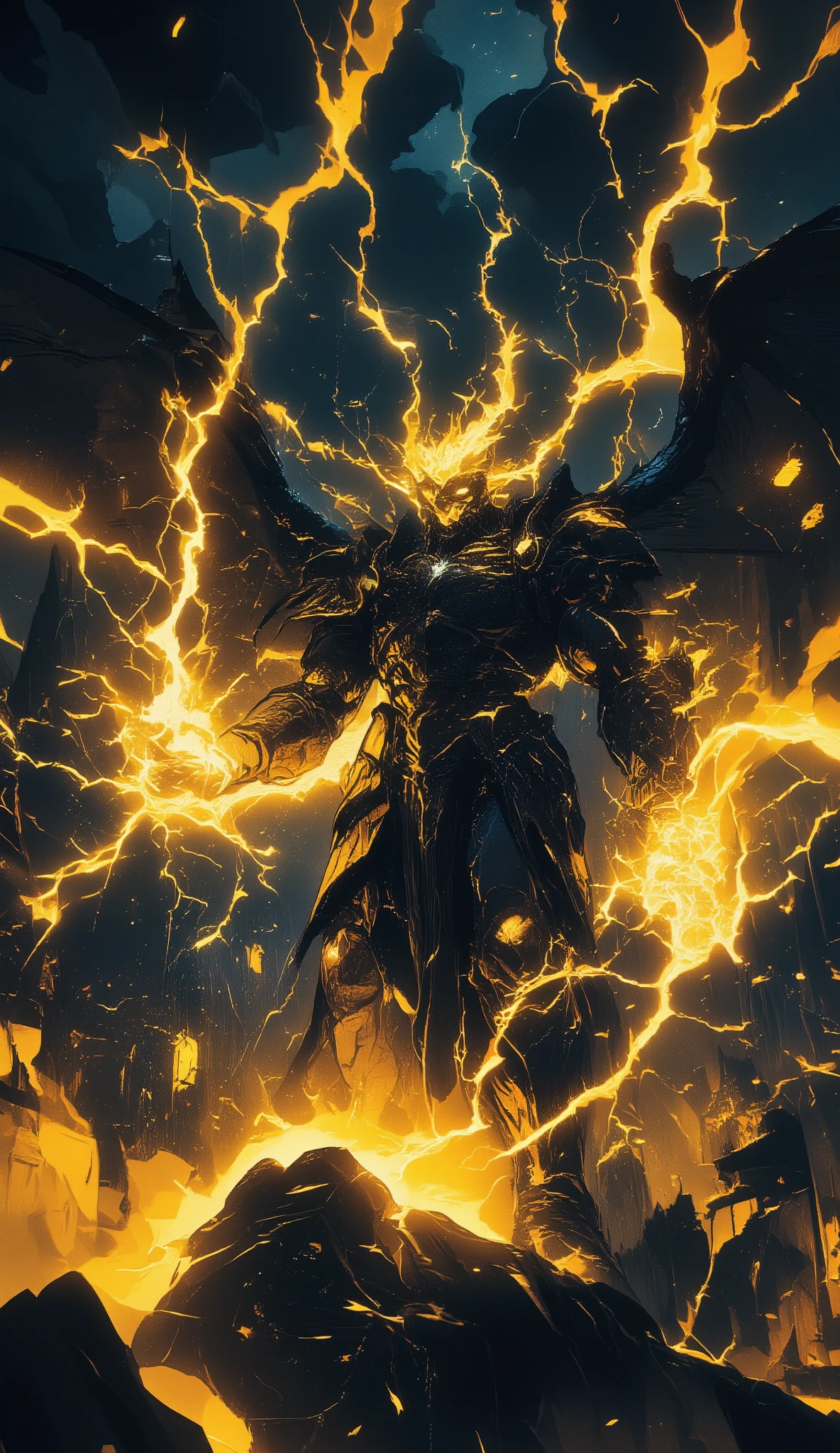 A towering creature stands dramatically in the foreground, resembling a humanoid dragon with scaled skin and fierce, glowing yellow eyes. Its attire consists of a suit of dark armor adorned with intricate designs that enhance its formidable presence. Immense power emanates from the creature's hands, manifesting as brilliant arcs of electricity crackling and illuminating the scene with a vivid golden light. Its stance is imposing, casting an air of command and mastery over elemental forces.
Behind it, a gothic cityscape under a stormy sky serves as the setting, with dark clouds swirling and lightning tearing through the heavens. The silhouetted spires of ancient architecture rise ominously, their windows aglow with warm, inviting light, contrasting with the overall dark and tumultuous atmosphere. This visual spectacle captures a blend of fantasy and raw power, evoking a sense of awe and wonder, tinged with foreboding.