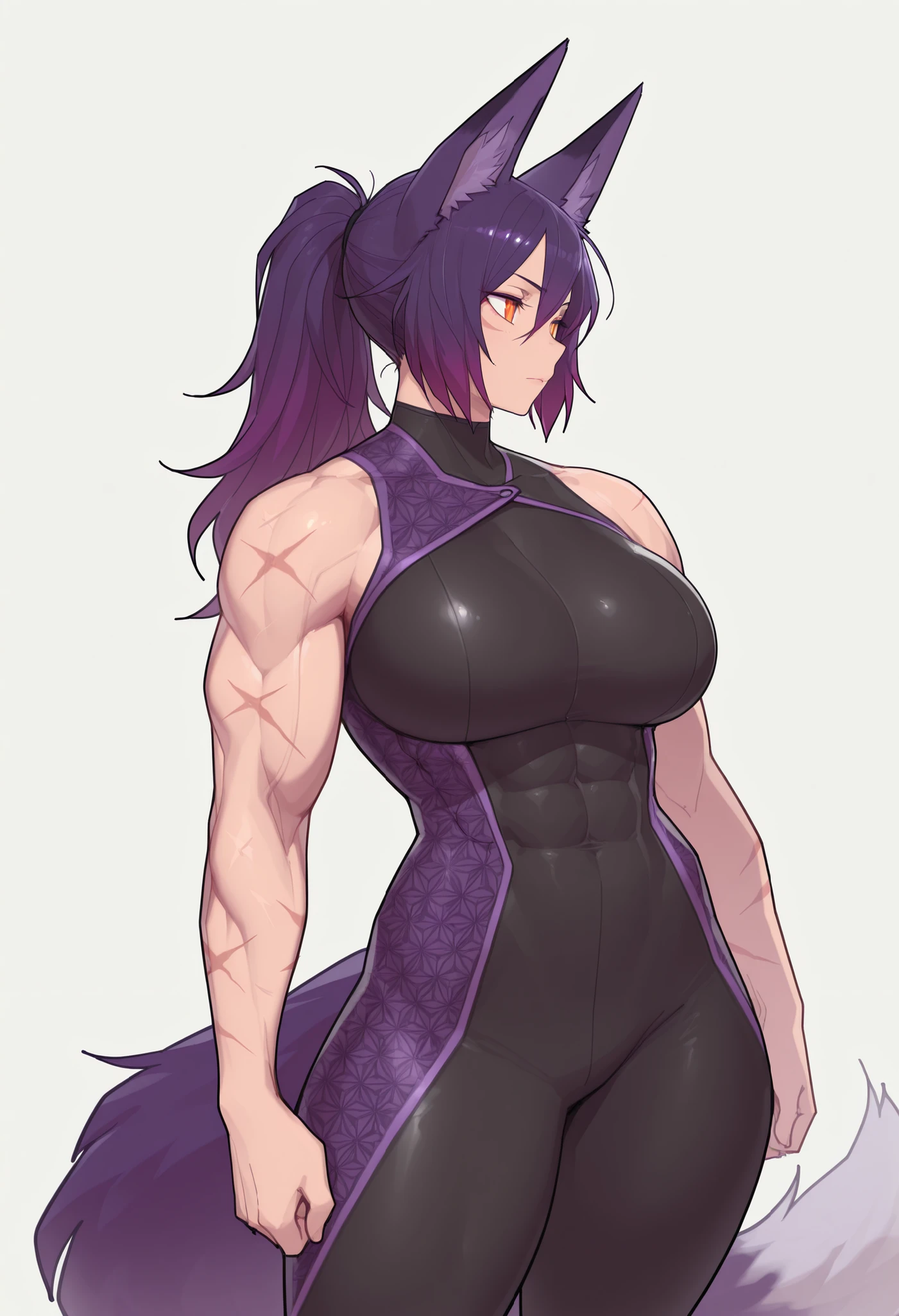 gorgeous kitsune girl, beautiful face, kitsune, purple color hair, hunter girl, orange eyes, slit pupils, detailed eyes, volputrous body, covered breasts, curvy and athletic, kitsune ears, ponytail hair, fox tail, strong, black bodysuit, scaly pattern on suit, dark pants, bare arms and neck, scars on arms, fierce look, defined muscular arms and legs, athletic lanky body, hourglass figure, lean muscles, abs, fox ears, dominant expression, long hair, masterpiece, ultra definition, simple white background, dnd