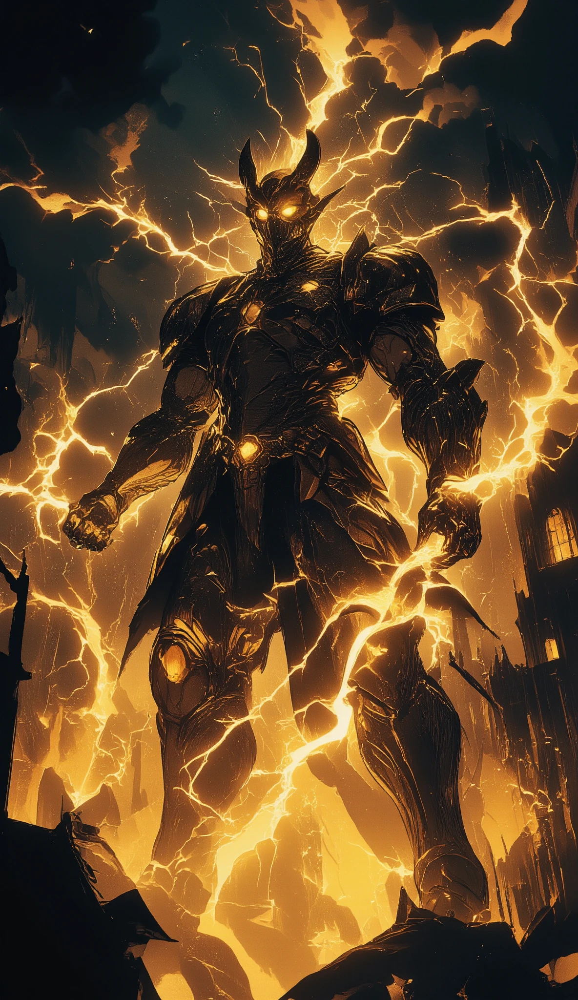 A towering creature stands dramatically in the foreground, resembling a humanoid dragon with scaled skin and fierce, glowing yellow eyes. Its attire consists of a suit of dark armor adorned with intricate designs that enhance its formidable presence. Immense power emanates from the creature's hands, manifesting as brilliant arcs of electricity crackling and illuminating the scene with a vivid golden light. Its stance is imposing, casting an air of command and mastery over elemental forces.
Behind it, a gothic cityscape under a stormy sky serves as the setting, with dark clouds swirling and lightning tearing through the heavens. The silhouetted spires of ancient architecture rise ominously, their windows aglow with warm, inviting light, contrasting with the overall dark and tumultuous atmosphere. This visual spectacle captures a blend of fantasy and raw power, evoking a sense of awe and wonder, tinged with foreboding.