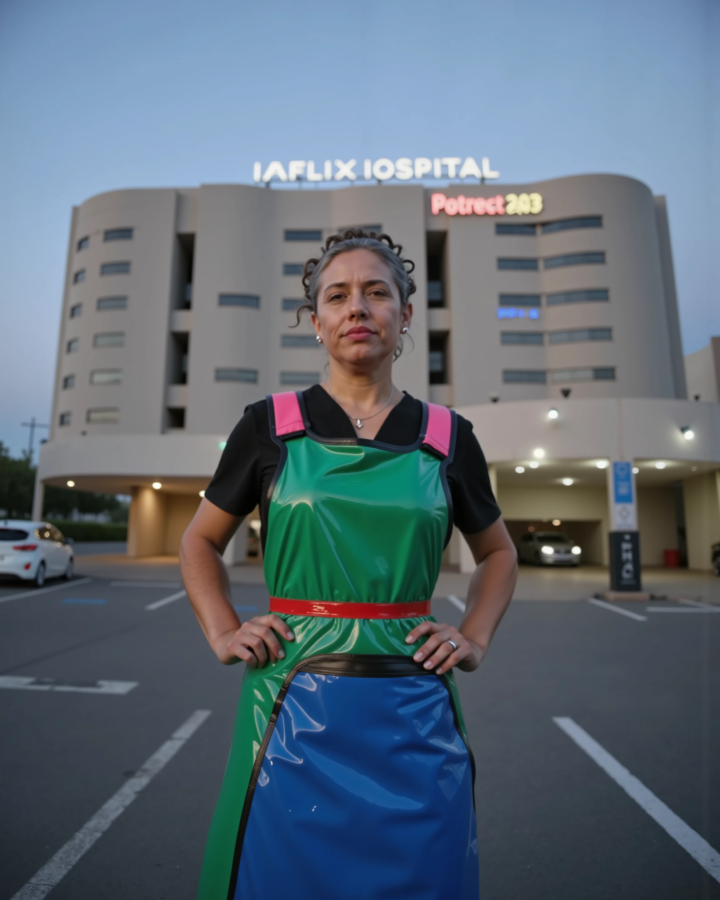 a 48 year old woman weighing 180 pounds standing outside of a hospital in the parking lot at dusk, wearing a neon green lead apron with pink straps at the shoulders and a red hip belt, the woman wears a black vinyl shirt, the woman wears blue vinyl baggy pants, the hospital is futuristic and in a large city