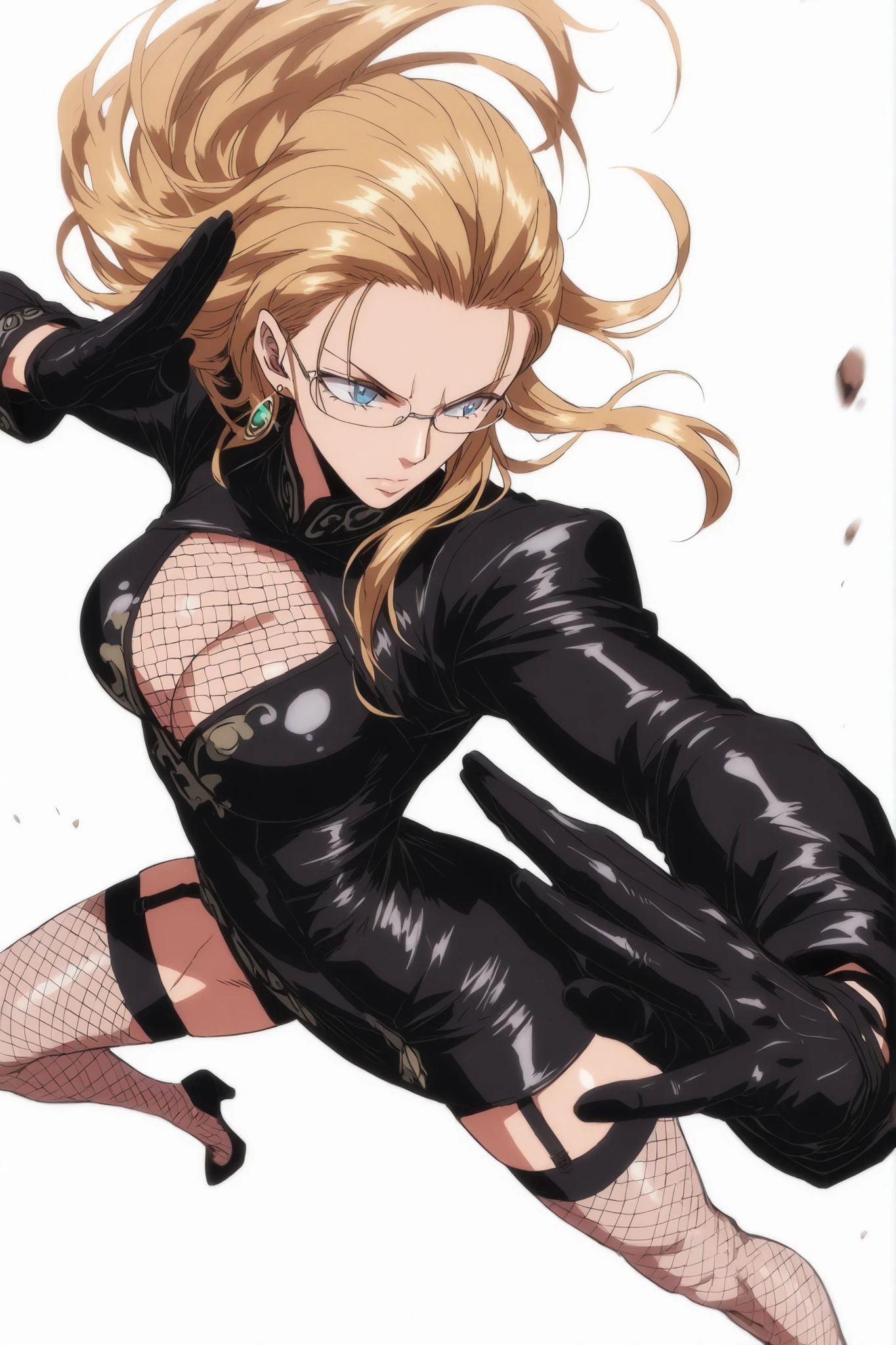 Khalifa, blonde, long hair, fishnet cleavage, black leather mini dress with long sleeves, garter holds, gloves, glasses, blue eyes, earring, fishnet tights, tights, Dynamic pose, dutch angle, perspective, Athletic body, toned body , fighting stance , upperbody, white background