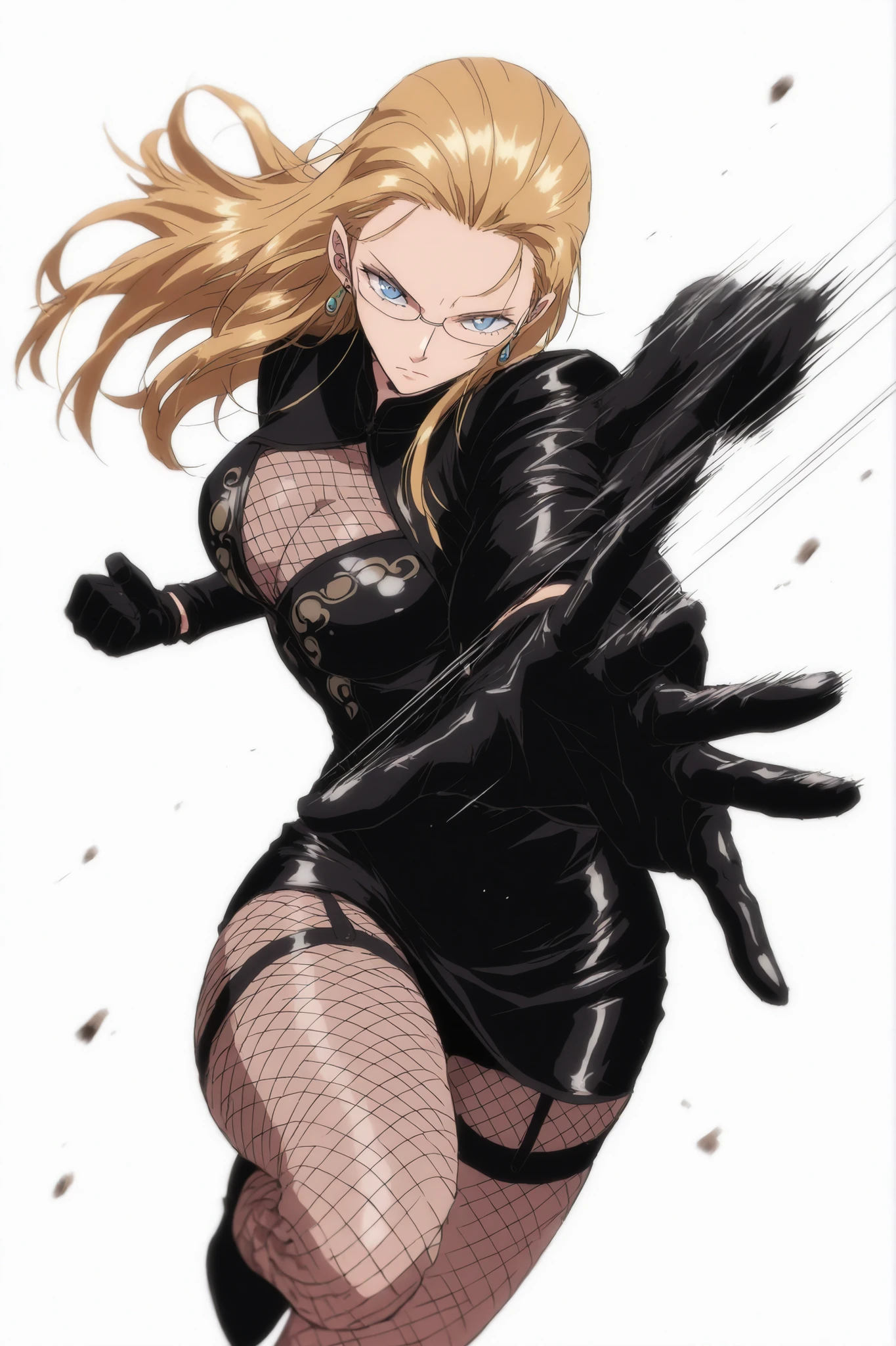 Khalifa, blonde, long hair, fishnet cleavage, black leather mini dress with long sleeves, garter holds, gloves, glasses, blue eyes, earring, fishnet tights, tights, Dynamic pose, dutch angle, perspective, Athletic body, toned body , fighting stance , speed line, motion blurr, upperbody, white background