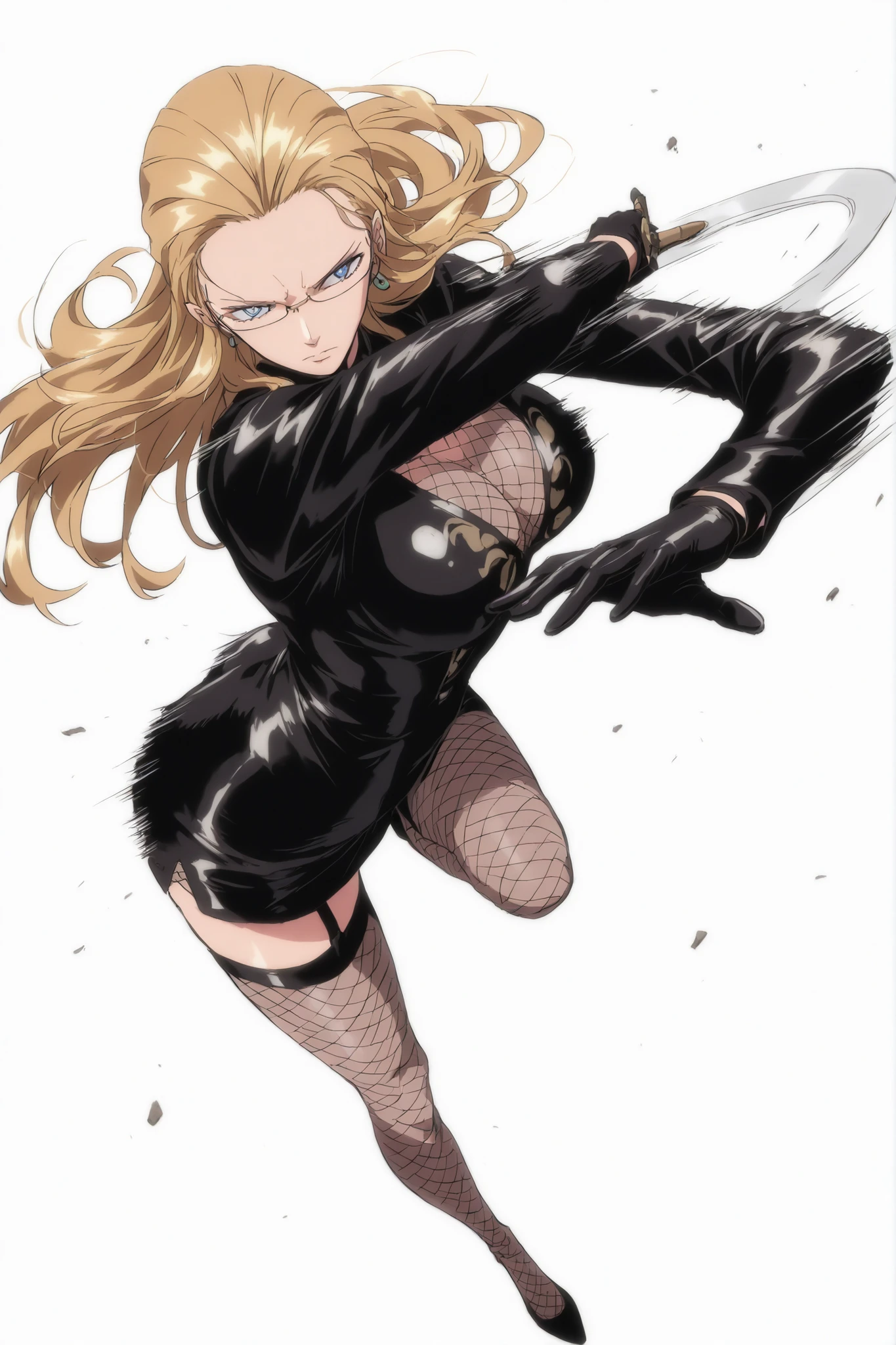 Khalifa, blonde, long hair, fishnet cleavage, black leather mini dress with long sleeves, garter holds, gloves, glasses, blue eyes, earring, fishnet tights, tights, Dynamic pose, dutch angle, perspective, Athletic body, toned body , fighting stance , speed line, motion blurr, upperbody, white background