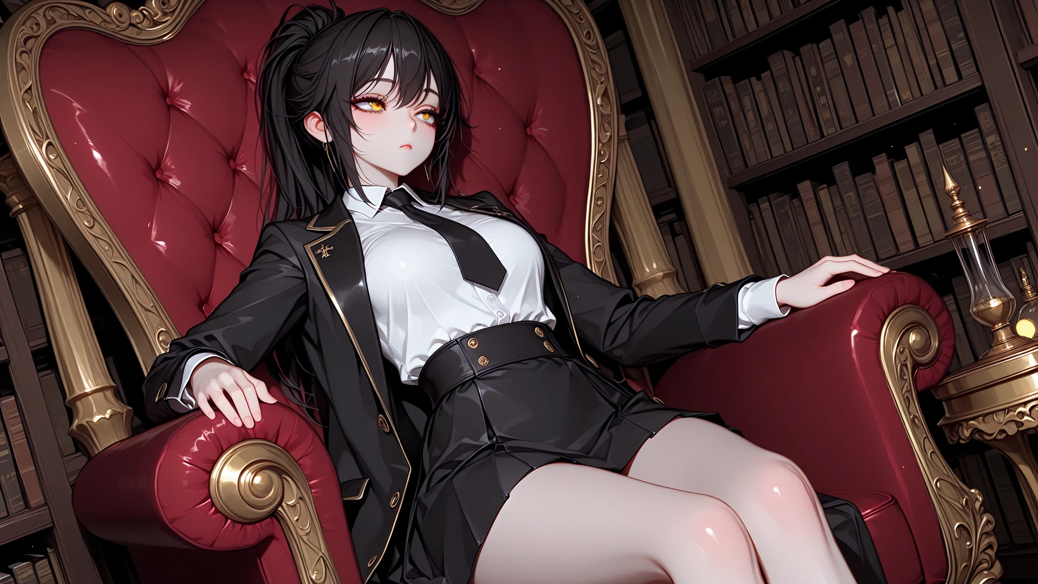 perfect eyes,eyesHD,3DMM,,high quality images, top art, perfect definition, beautiful Thai schoolgirl, black gothic uniform, gothic long coat, short skirt black, pure white shirt,long ponytail,  yellow eyes ,half-closed eyes, focused expression, sit politely in a reading chair on a large dark red velvet chair, around is a tall bookshelf, Ancient library, light gold table light, mystical atmosphere, quiet beauty, quiet evening scenery, capture 1:2 