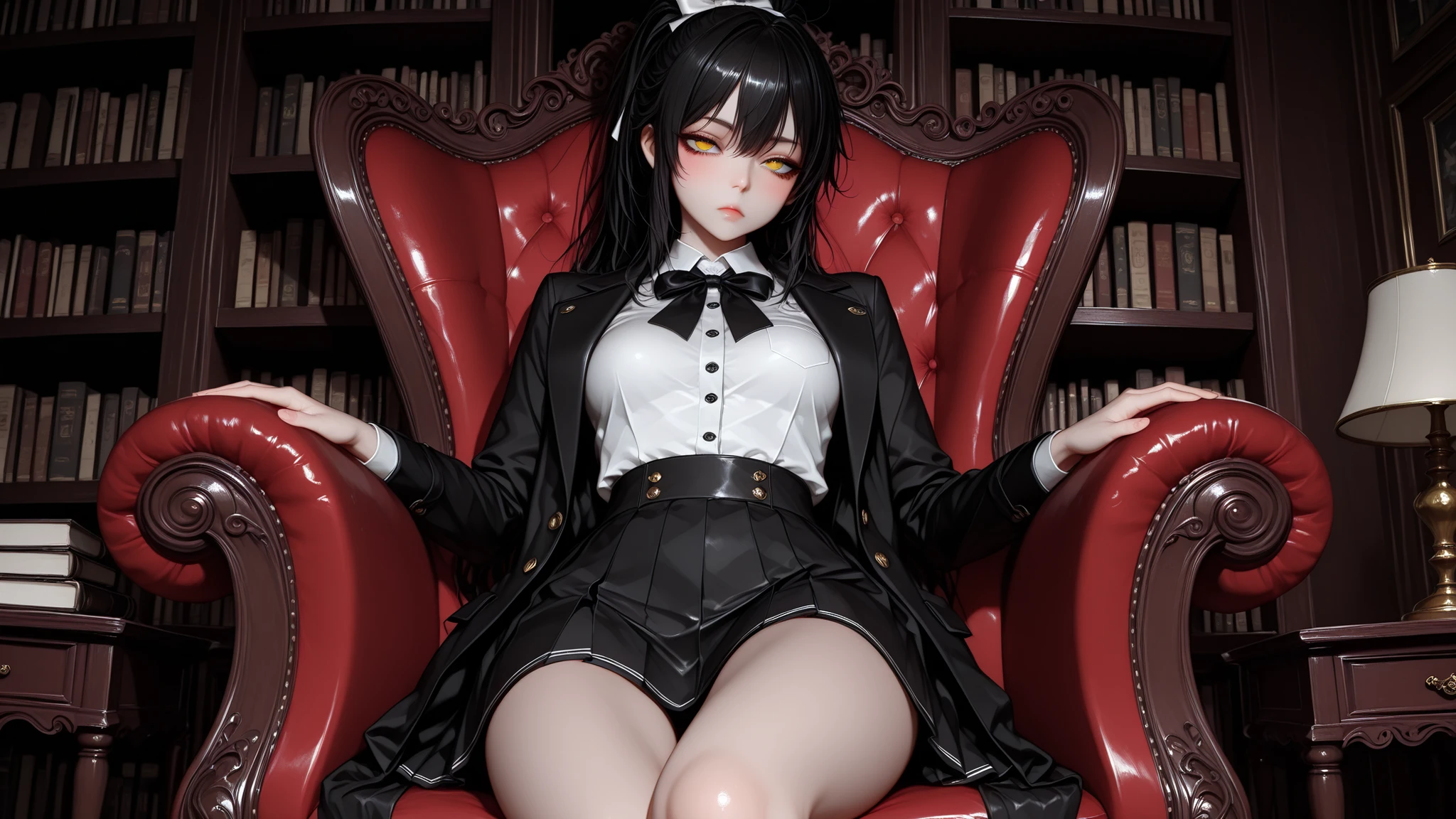 perfect eyes,eyesHD,3DMM,,high quality images, top art, perfect definition, beautiful Thai schoolgirl, black gothic uniform, gothic long coat, short skirt black, pure white shirt,long ponytail,  yellow eyes ,half-closed eyes, focused expression, sit politely in a reading chair on a large dark red velvet chair, around is a tall bookshelf, Ancient library, light gold table light, mystical atmosphere, quiet beauty, quiet evening scenery, capture 1:2 