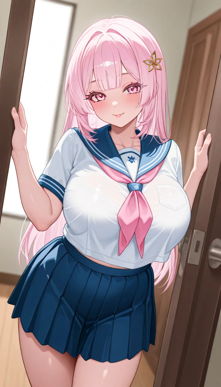 (masterpiece、highest quality、Super detailed)、((1 girl))、((pink hair))、((twin tails))、((light blue eyes))、evil smile、((grin and laugh))、vapor、earrings、((very big breasts))、((white collared shirt))、((Remove all buttons))、((black lace ))、((black pleated skirt))、cowboy shot、((bent down:1.2))、((black  pull))、gymnasium warehouse