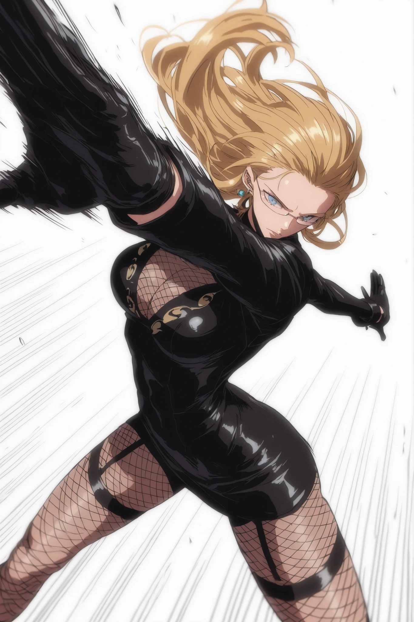 Khalifa, blonde, long hair, fishnet cleavage, black leather mini dress with long sleeves, garter holds, gloves, glasses, blue eyes, earring, fishnet tights, tights, Dynamic pose, dutch angle, perspective, Athletic body, toned body , fighting stance , speed line, motion blurr, upperbody, white background