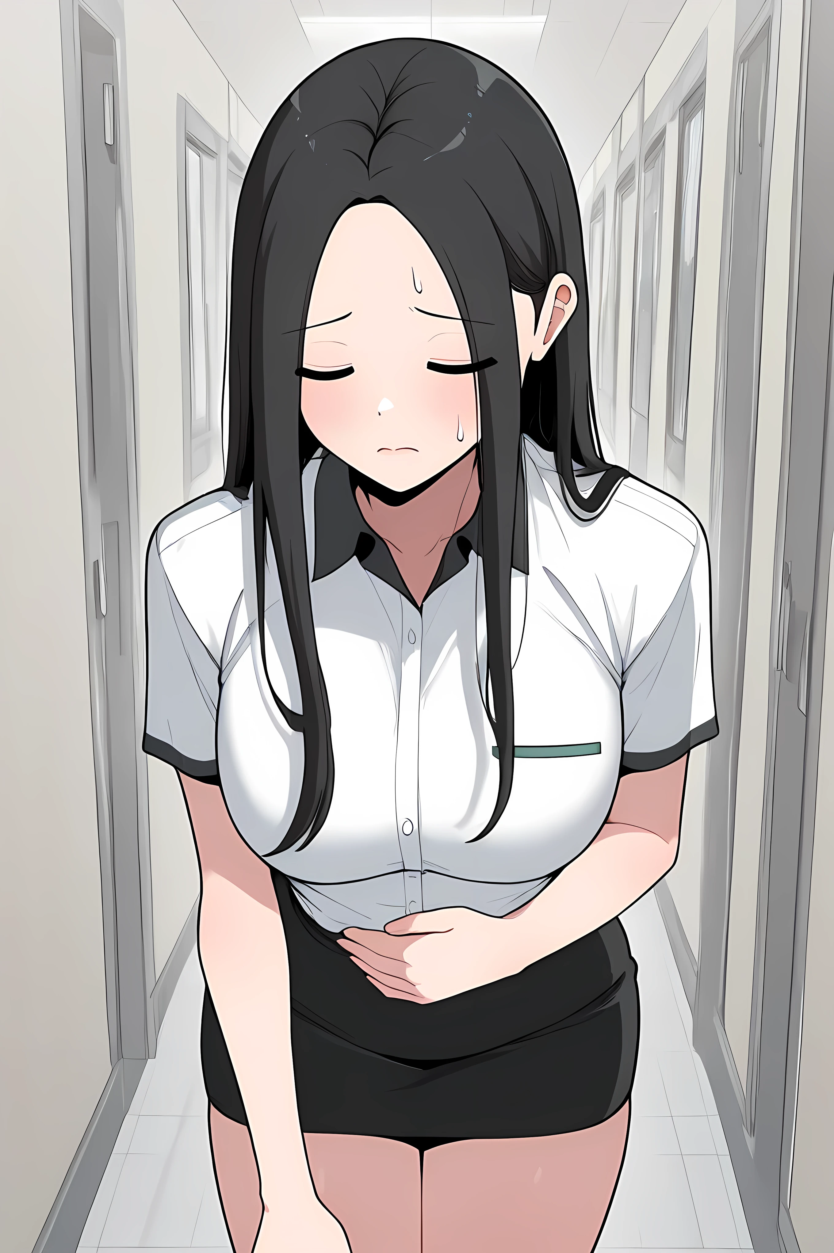 yoo jae-kyung, long hair, large breasts, black hair, closed eyes, forehead,,skirt, shirt, white shirt, short sleeves, collared shirt, black skirt, pencil skirt, office lady,


Solo, general, masterpiece, highres, ultra-detailed, hyper-detailed, best quality,  amazing quality, very aesthetic, best hands, best eyes, best hand
adult woman, 1woman, hand clutching own stomach, sweat,  leaning forward, nervous, scared,  school hallway,