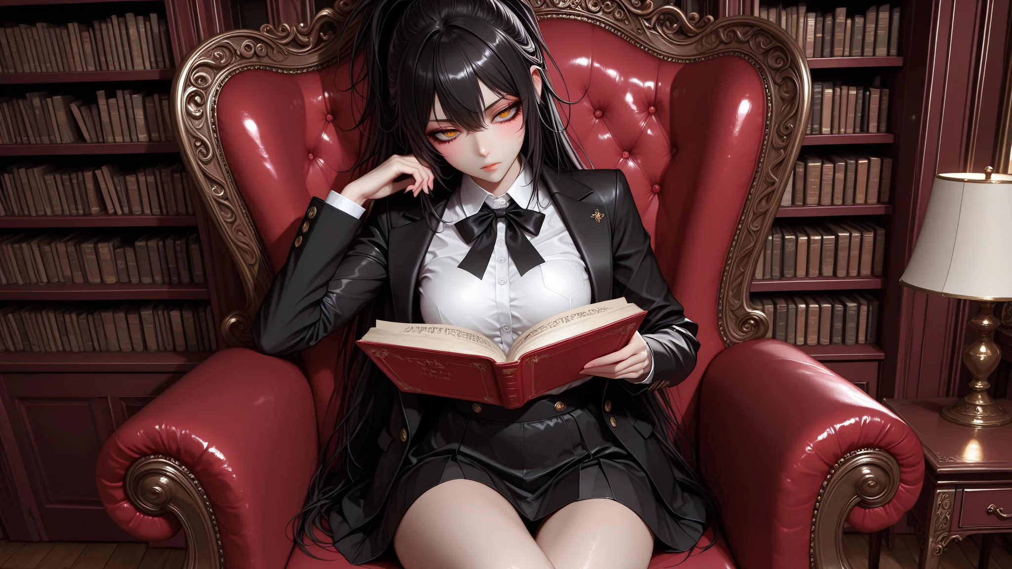 perfect eyes,eyesHD,3DMM,,high quality images, top art, perfect definition, beautiful Thai schoolgirl, black gothic uniform, gothic long coat, short skirt black, pure white shirt,long ponytail, ngực to ,half-closed eyes, focused expression, sit politely in a reading chair on a large dark red velvet chair, around is a tall bookshelf, Ancient library, light gold table light, mystical atmosphere, quiet beauty, quiet evening scenery, capture 1:2 
