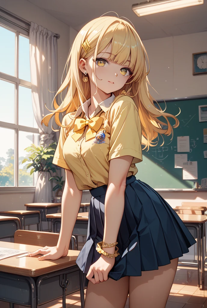 1girl, long yellow hair, blue eyes, wearing yellow shirt, gingham yellow short skirt, cute, classroom, high res, ultrasharp, 8K, masterpiece, looking at viewer
