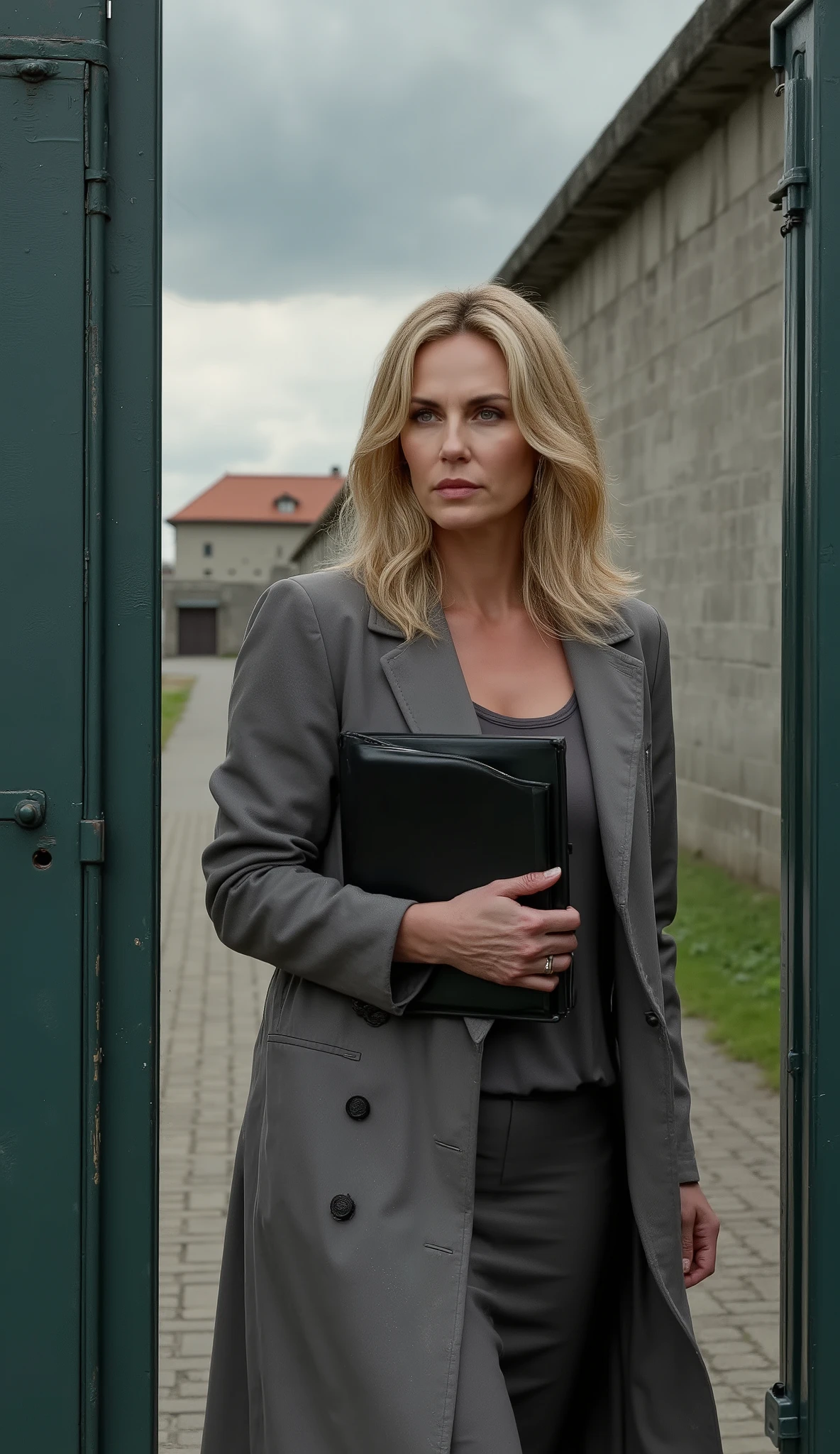 Blonde agent in grey trench coat walking through Berlin wall checkpoint, holding secret file folder, dramatic sky, cinematic realism, 9:16