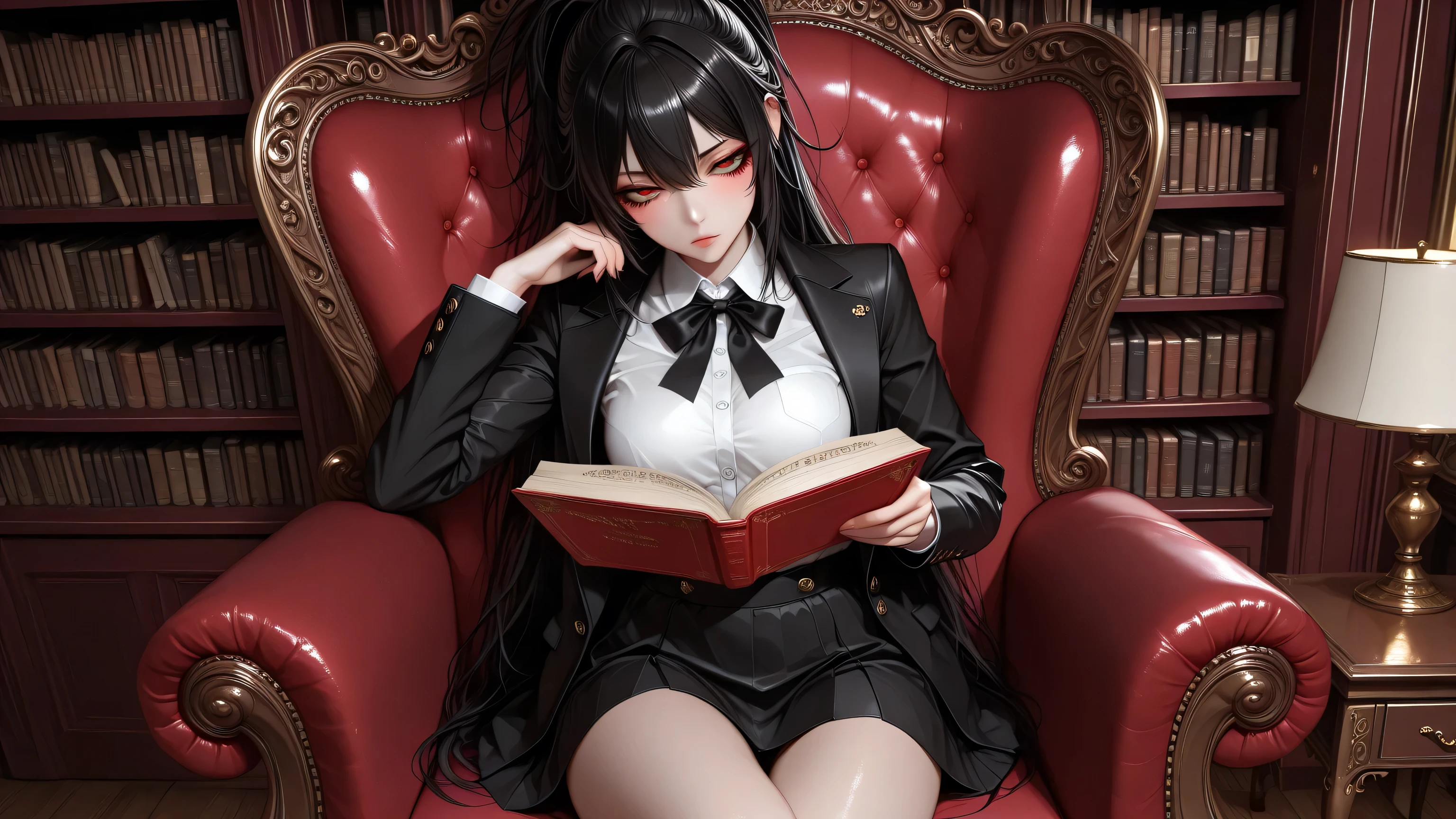 perfect eyes,eyesHD,3DMM,,high quality images, top art, perfect definition, beautiful Thai schoolgirl, black gothic uniform, gothic long coat, short skirt black, pure white shirt,long ponytail, ngực to ,half-closed eyes, focused expression, sit politely in a reading chair on a large dark red velvet chair, around is a tall bookshelf, Ancient library, light gold table light, mystical atmosphere, quiet beauty, quiet evening scenery, capture 1:2 