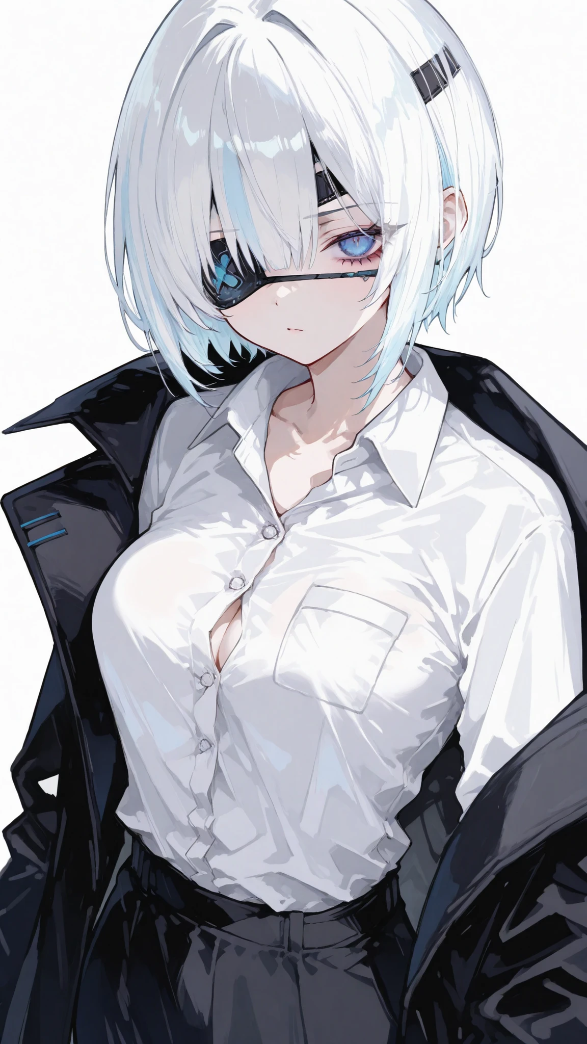girl,I have white.,Blue eyes,Eye patch black X,Black Coat,white office shirt, Sharp gaze, bitter brow ,short hair, Middle breasts,KAKO TROUSERS,standing,white background,White Highlight Hair,Eye patch Big Side,Fashion blindfold,CORDLESS BLINDFOLDS