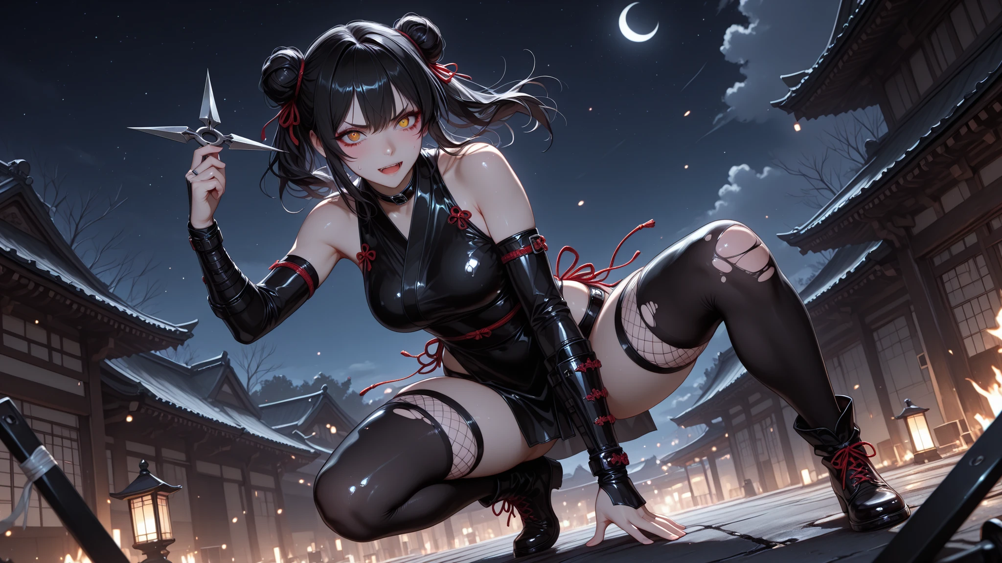 Masterpiece）、（very high quality）、（super detailed）
slender ninja women、black hair、Long double-button hairstyle。
Torn Ninja Uniform。knee-length socks。
This is a scene depicting the moment that appears through the smoke、aggressive and beautiful poses。
 with sharp eyes 、and sexy lingerie details stand out。
Background is night 、crescent moon in the sky。with a shuriken on hand。