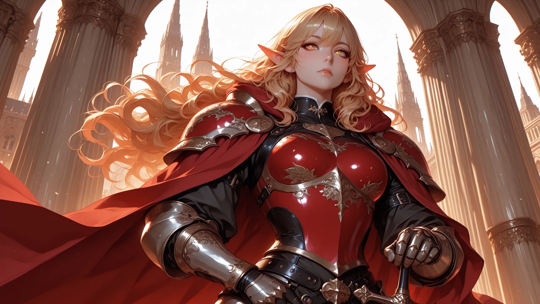 eyesHD,(Masterpiece) , (Super realistic ) , (8K RAW) , (Cinematic illusion light) , a strong and beautiful Western Elf woman with long golden hair and strong soft curls , split in the middle . Brilliant golden eyes Her brilliance looks fiercely forward with a calm yet intimidating presence . Her face was soft and oval , with no obvious bone structure , small and sharp lips are pressed tightly together , and delicate long pointed ears appear through her hair . She wears the complete Gracia Final armor from Lineage II — elaborate red and white armor decorated with gold engraved borders and motifs . The armor fits her body elegantly but firmly , stood out with large decorative shoulder straps , gauntlets , armored boots , and a solemn red robe flew by her behind her . The armored breastplate bore a golden badge of light . She stands on the wall of the majestic city gate great of a magnificent Elvish capital , with towering towers , brilliant flags , and the setting sun behind her creates long golden shadows . Her posture is upright and noble , one hand rested on the ceremonial sword hilt beside her , the other relaxes or at her hips . The wind gently moved her robe and hair . Framed from **mid-thigh up** (medium close-up) , emphasizes her strong facial expression and posture . Only one character present . mood : Myth , noble , - the Elf knight queen watches over her kingdom with immutable authority