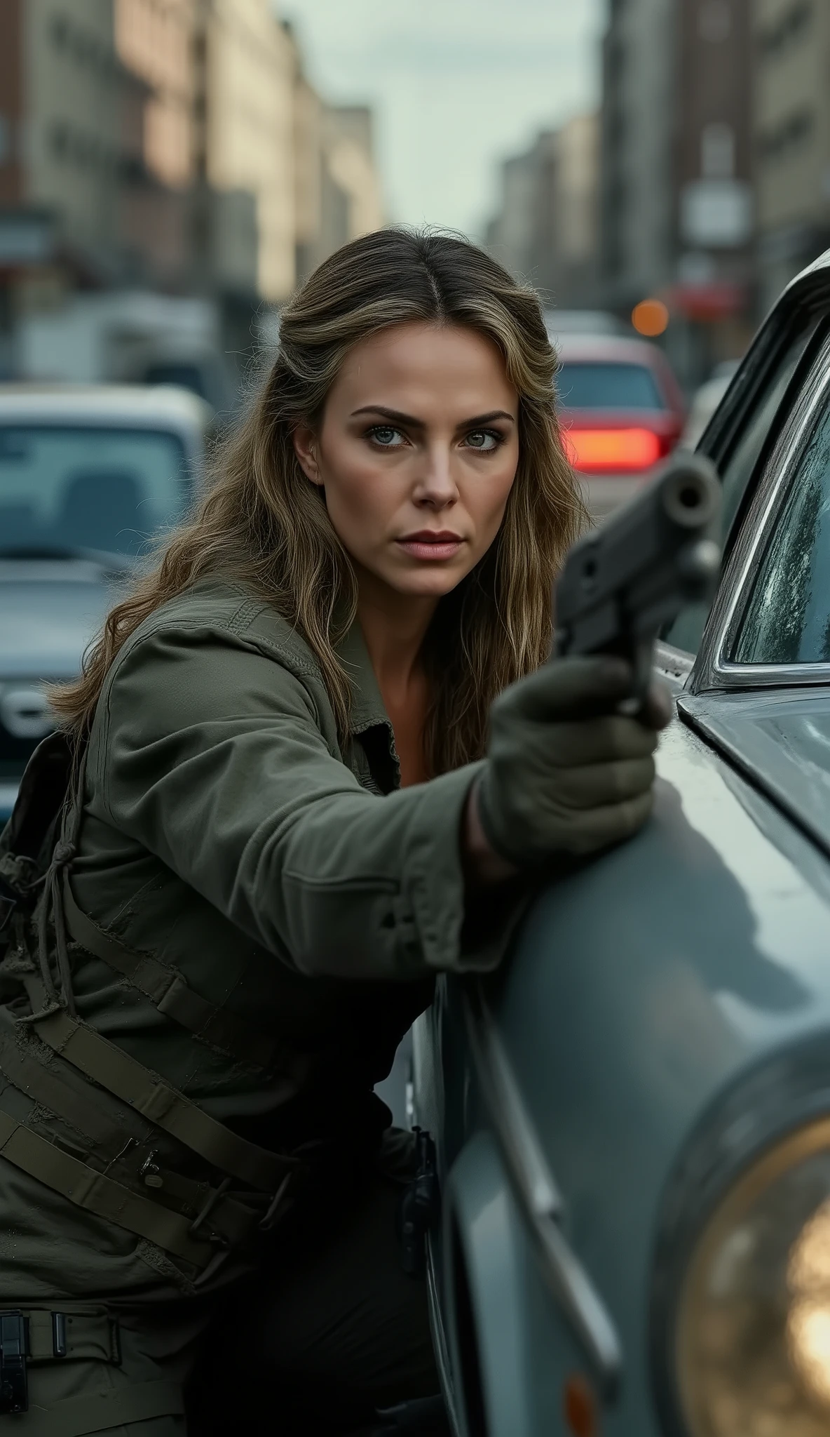 Same woman with long dark hair tied back, wearing tactical outfit, crouched behind car aiming revolver (prop), Berlin street at dawn, Cold War tone, 9:16