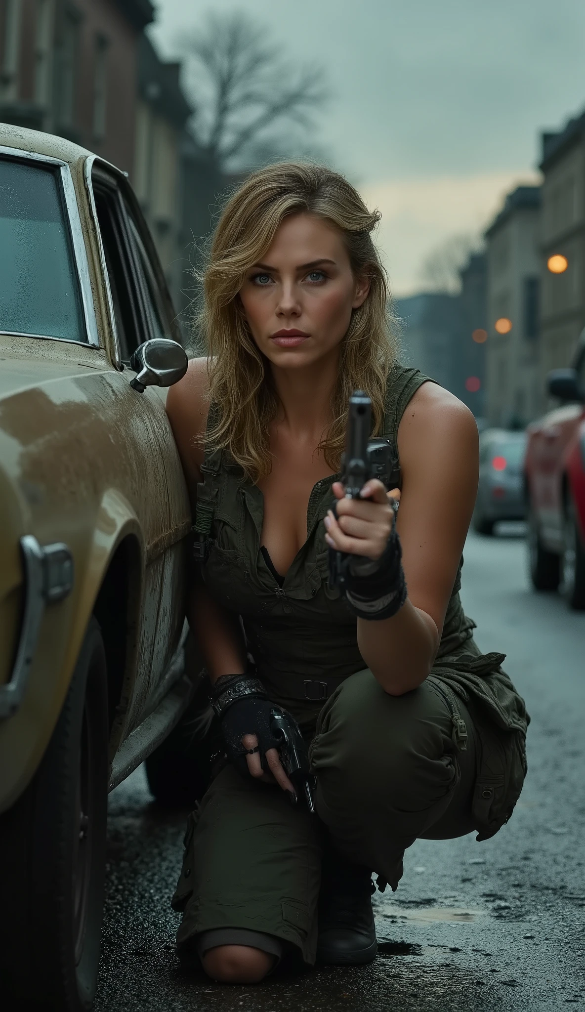 Same woman with long dark hair tied back, wearing tactical outfit, crouched behind car aiming revolver (prop), Berlin street at dawn, Cold War tone, 9:16