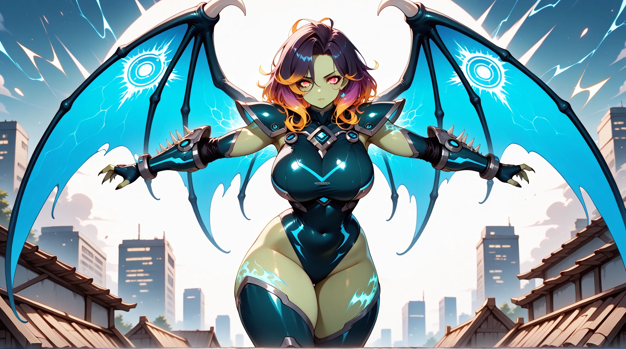 1girl,solo,super detailed skin,shiny skin, expressionless,open mouth ,majestic wings,majestic devil tail,demon skin,multicolored skin,detailed eyes,eyelashes,lips gloss,small claws,clenched fist,majestic horns ,large breasts,beautifully shaped breasts, (fluffy body hair:1.1) ,vibrant colors,flying ,night ruins,masterpiece,best quality,ultra detailed,high resolution,sharp focus,depth of field,