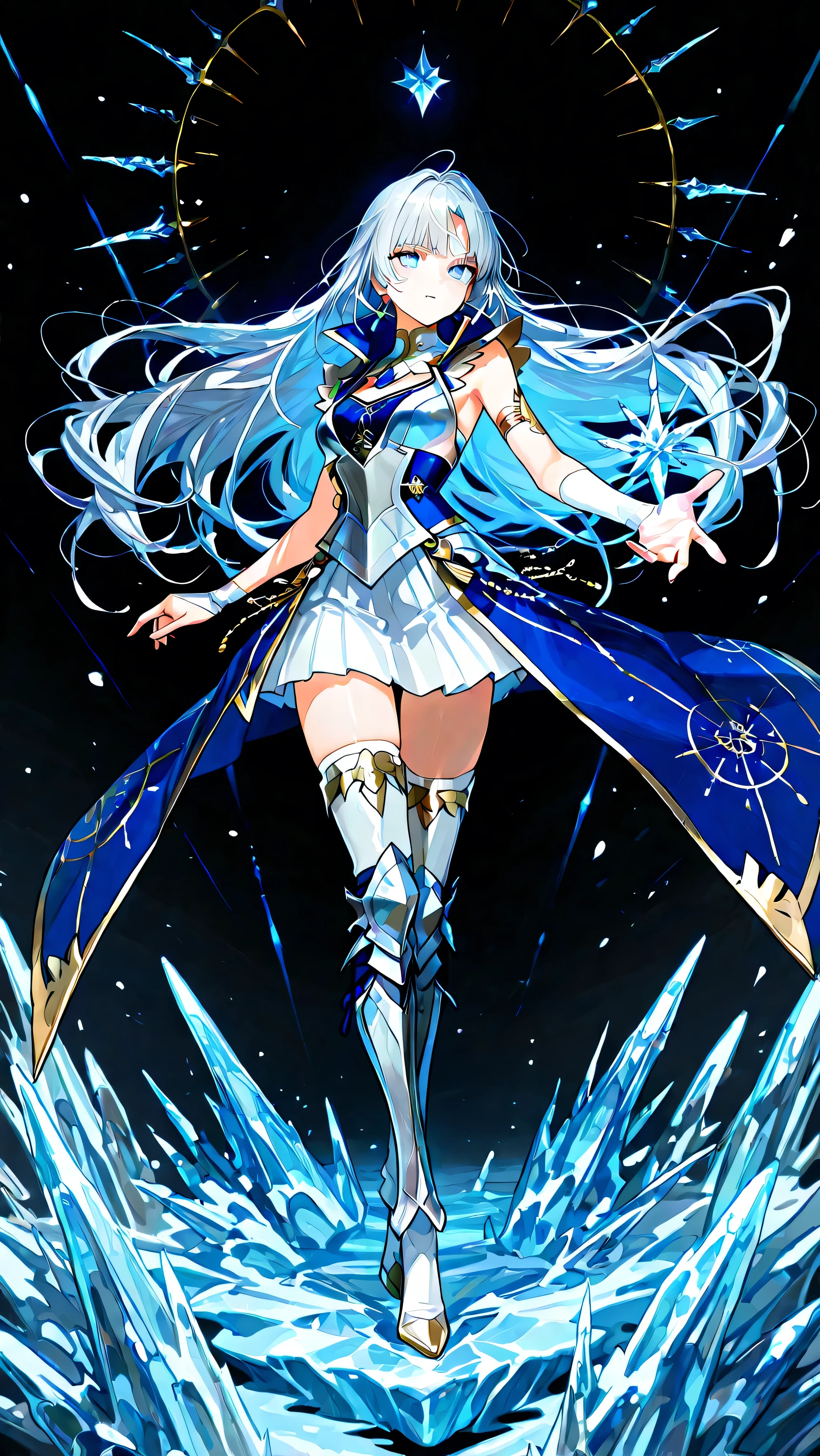 black background, 1girl, solo, masterpiece, female knight theme, beautiful woman with long silver hair, her hair has blue-streak on it, blue eyes and silky hair, hair down, white chest plate, wearing white knightly attire, long blue coatail, white skirt, decorated with golden details on her outfit, sleeveless coat (clothing cutout), sleeveless jacket (clothing cutout), she also wears white bridal handsock that wraps tight onto her entire arms, stockings underneath shin guards, armored high heels, standing, highly detailed, anime illustration, add more golden intricate details on her overall outfit and armors, action pose, ice, icicles, shirt collar