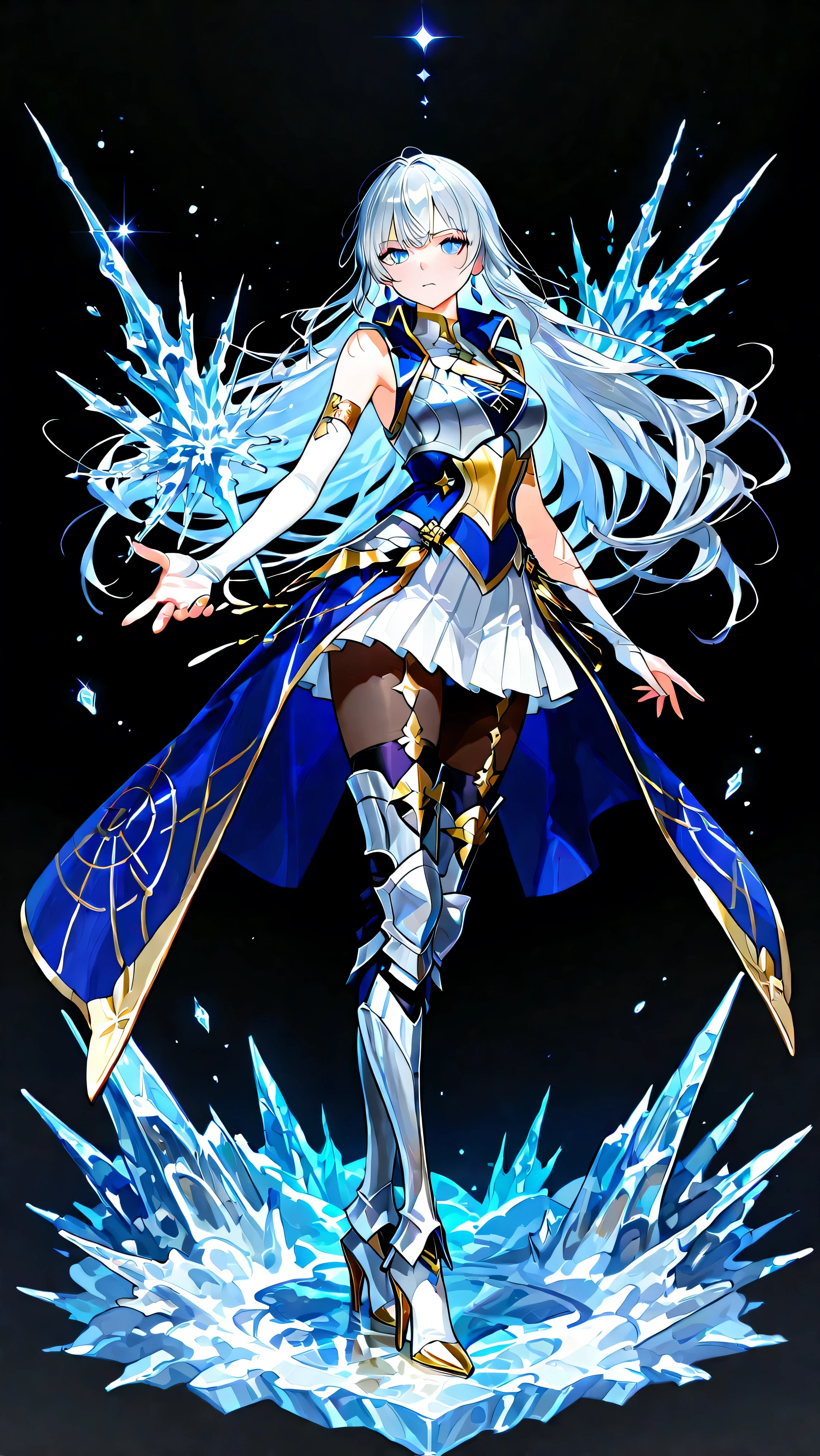 black background, 1girl, solo, masterpiece, female knight theme, beautiful woman with long silver hair, her hair has blue-streak on it, blue eyes and silky hair, hair down, white chest plate, wearing white knightly attire, long blue coatail, white skirt, decorated with golden details on her outfit, sleeveless coat (clothing cutout), sleeveless jacket (clothing cutout), she also wears white bridal handsock that wraps tight onto her entire arms, black stockings underneath shin guards, armored high heels, standing, highly detailed, anime illustration, add more golden intricate details on her overall outfit and armors, action pose, ice, icicles, shirt collar