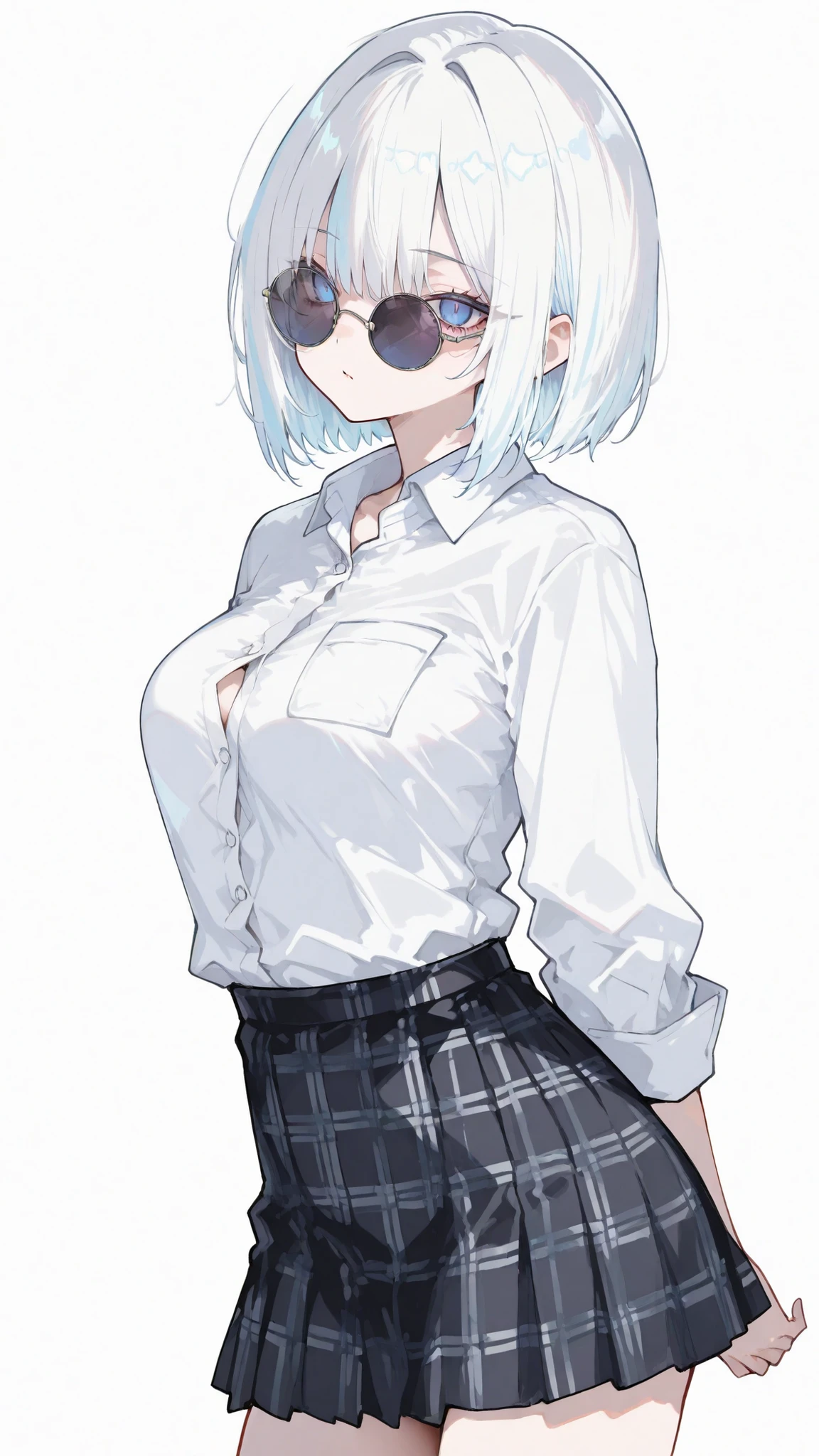girl,I have white.,Blue eyes,white office shirt, Sharp gaze, bitter brow ,short hair, Middle breasts,Black Plaid Skirt,standing,white background,White Highlight Hair,Round Sunglasses,