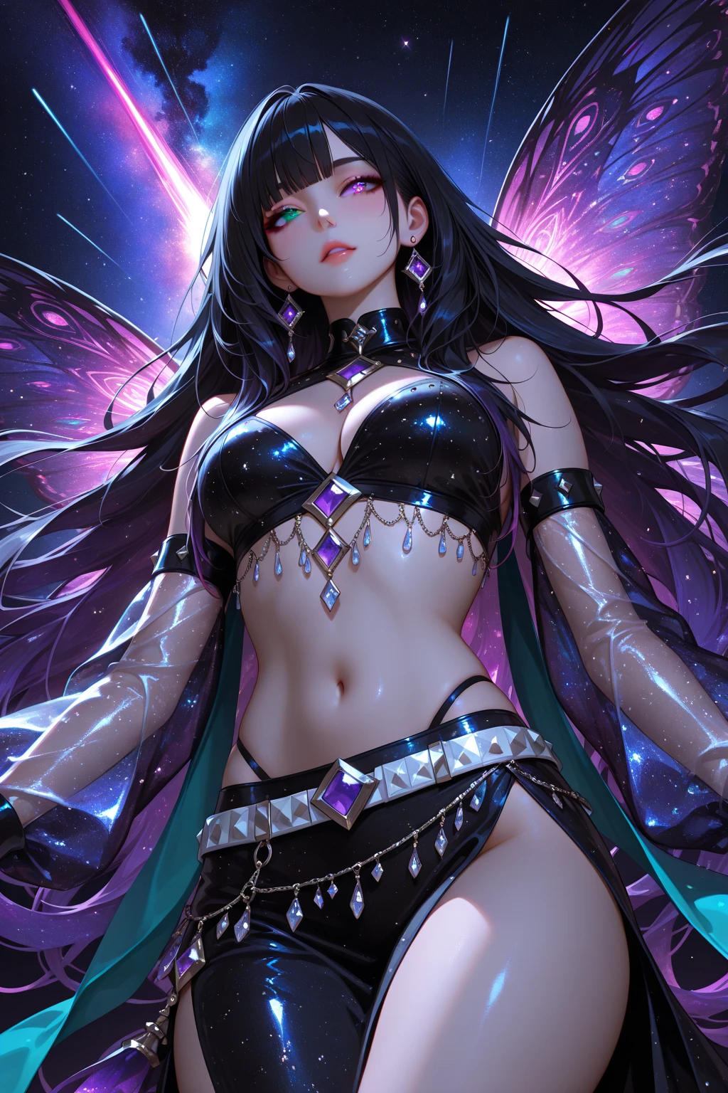 Smooth_Quality, detailed eyes, perfect eyes, realistic eyes, 1girl, solo, cinematic, beautiful curvy naked body, perfect curvy naked body, fantasy style motion tattoos cyan glowing body paint, very long black straight hair, large breasts, vibrant, vivid colors, closeup, kneeling, hands behind head, exploding ascension, exploding water splash on bottom of screen, lean backwards, transparent wings, floating in air, magical fantasy background with motion, wearing lace bodysuit, spaghetti straps, sheer lace detailing,  <lora:Smooth_Booster:0.5>​​​ <lora:SLE_v2:1>