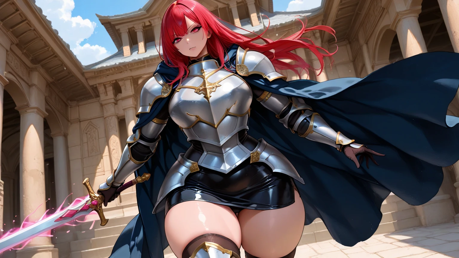 (score_9,score_8_up,score_7_up,BREAK source_anime,(masterpiece:1.2),best quality,very aesthetic,public indecency,absurdres),masterpiece,best quality,very aesthetic,absurdres,intricate details,fantasy,1girl,solo,
<lora:fana_p_v1:1>,fana,sword,circlet,red hair,yellow eyes,very long hair,thighhighs,gloves,thigh boots,leotard,armor,high heels,highleg leotard,shoulder armor,highleg,gloves,thigh boots,leotard,armor,high heels,highleg leotard,shoulder armor,highleg,pauldrons,
<lora:Fixhands_anime_bdsqlsz_V1:1>,looking_at_viewer,standing,castle,upper_body,face_focus,smile,, masterpiece,best quality, very aesthetic, absurdres, ultra detailed, high resolution, 4k, extremely detailed CG,