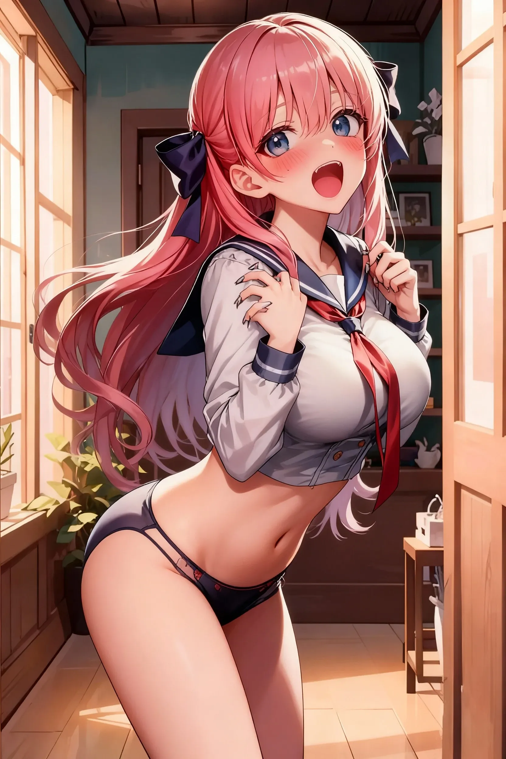 One Woman、cute女性、Thick thighs、Best image quality、High resolution、masterpiece、super high quality、Squat with your 、cute、Striped bra、Striped panties、Panties are visible through a very short pleated skirt、Big 、 、Blushing、4K quality、Blushing、Proud face、Wearing black knee socks、bed、Squat with your 、 shot、Sweaty all over、Heavy breathing、 is bobbing up and down、heart、Condescending look、Low Angle、Zoom in on the 、Cowboy Shot、(from below:1.4)、Sitting with Knees Up on sofa at living, 、(back pose:1.3) or (back view:1.3)