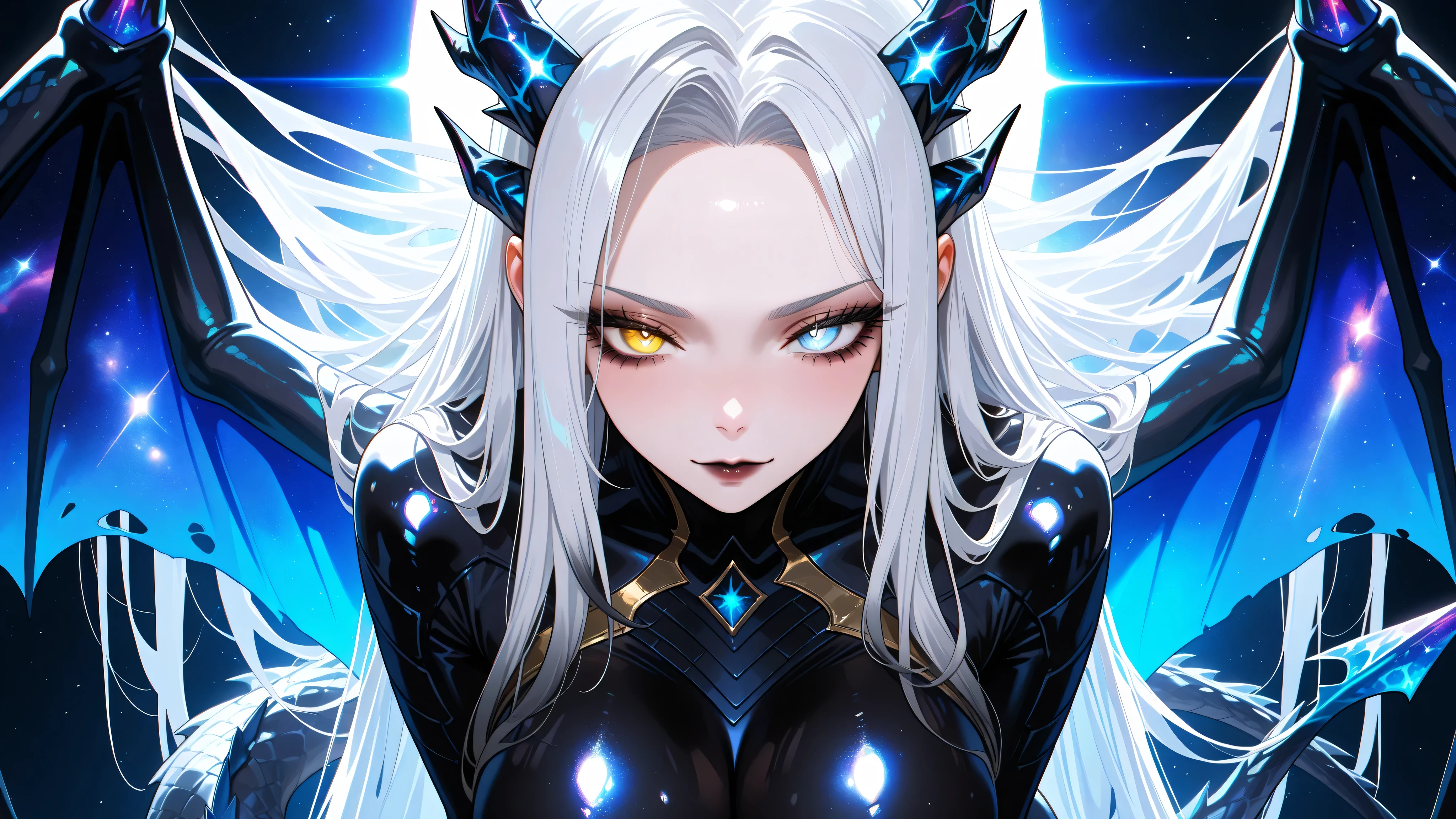Masterpiece, epic fantasy art, Cinematic painting, over-detailed, legendary., masterpiece, best quality, amazing quality, NSFW , chromatic aberration, extremely detailed face, detailed eyes, Greatest masterpiece, HIGHEST QUALITY, 8k,Girl, beautiful face, long black eyelashes, dark makeup, light blue eye, yellow eye (heterochromia), white pupils, very long hair, mega-long hair, no bangs, loose forehead, light gray hair turning into dark tips (gradient), large breasts, arrogant look. Dragon tail, spiked black dragon tail, arrow-shaped tail tip. Dragon horns, dragon girl, dragon wings, space skin, space scales, space wings, galaxy dragon wings, galaxy skin, galaxy horns
