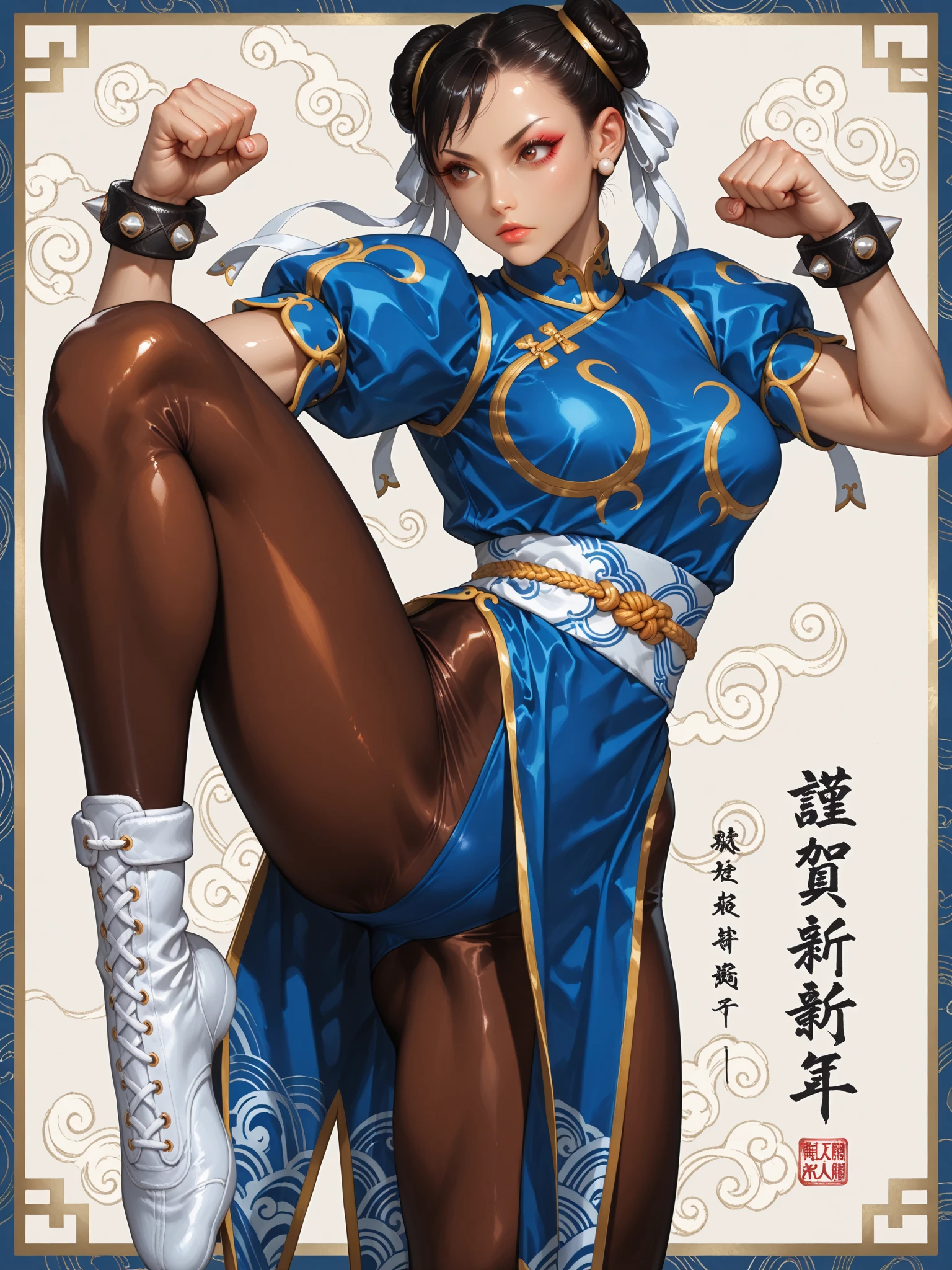chun-li,solo,pantyhose,chinese clothes,bun cover,pelvic curtain,china dress,hair bun,spiked bracelet,dress,double bun,jewelry,bracelet,1girl,spikes,brown hair,sash,score_9,score_8_up,<lora:Artgerm_XL_PONY:0.8>,