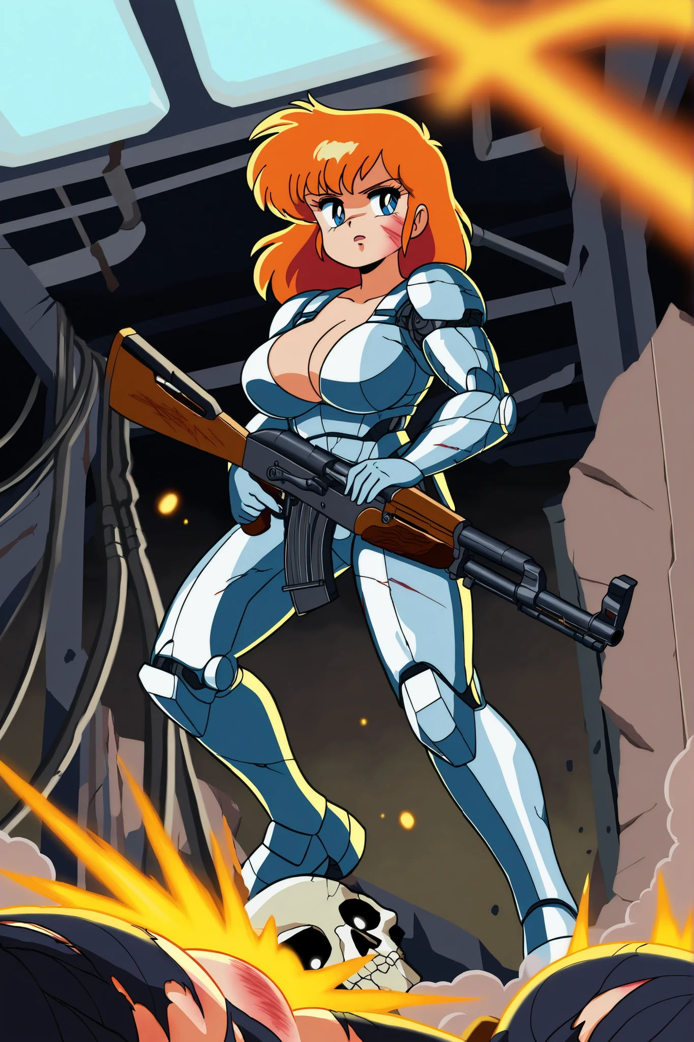 Damaged female Terminator, large breasts. A muscular female cyborg warrior inspired by a parody of Terminator, anime-style, chibi proportion 3–4 heads tall, very fit and strong. Her synthetic skin is ripped and torn from battle, showing detailed metallic skull and skeleton beneath, with exposed gears, cables, and chrome parts glowing red. Some sections of her face, arm, and leg reveal her mechanical interior, with sparks, scratches, and burn marks. Her human parts have pale skin, blue eyes, and wild stylized orange hair. The robotic side has a glowing red LED eye and metal plates. She holds a realistic combat rifle (AK-47 style) in a strong pose. The background shows a post-apocalyptic battlefield with smoke and debris.
Art style: The style is minimalist yet bold, inspired by 1980s–1990s Nintendo and retro anime aesthetics.