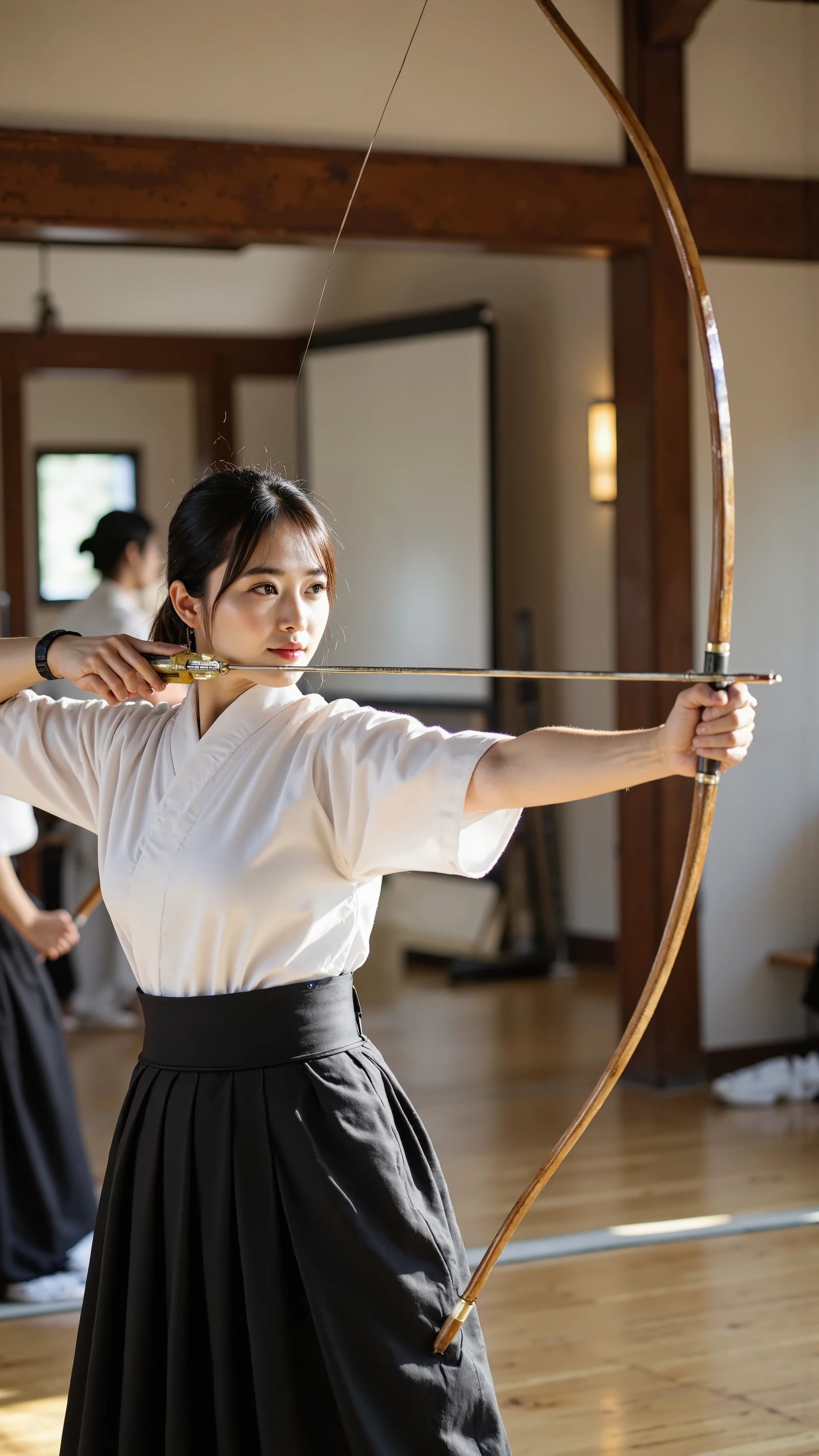 A Japanese kyudo archer woman in a traditional kyudojo, wearing a crisp white keikogi, black hakama, and muneate. She is in the precise “Kai” stage of the Kyudo hassetsu, holding a yumi at full draw with perfect hasetsu alignment. Her left arm (bow hand) extends firmly yet gracefully, wrist rotated correctly in the refined “tenouchi” grip, while her right hand wears a traditional yugake glove, drawing the string back fully so that the arrow rests near her cheek. The right elbow is pulled deeply behind the line of the shoulder, forming the essential vertical and horizontal cross (juumonji) of the body. Her posture embodies “tsumeai” and “nobiai”: tension and expansion in all directions—up, down, left, right—creating a sense of infinite extension. Her expression is a blend of happiness and shy embarrassment, cheeks softly blushed, eyes serene yet luminous. Ultimate feminine beauty: radiant porcelain skin with delicate microtexture, smooth gradients, subtle peach undertones, elegant collarbone and forearms. Ultra-beautiful face with refined nose, long lashes, plush lips. The atmosphere is cinematic: warm late-afternoon light streaming from the engawa, golden rimlight outlining her silhouette, soft shadows across polished wooden floor. Composition follows the golden ratio: primary focus on her face and hands, the arc of the yumi as a leading line, shallow depth of field with tasteful bokeh—background practitioners and whiteboard softly blurred. High-detail rendering of skin, fabric folds, sheen of hakama, wood grain of the dojo. 85mm portrait lens look, f/1.8, ultra high-resolution, photorealistic yet poetic, elegant, refined, graceful, enchanting, captivating.
