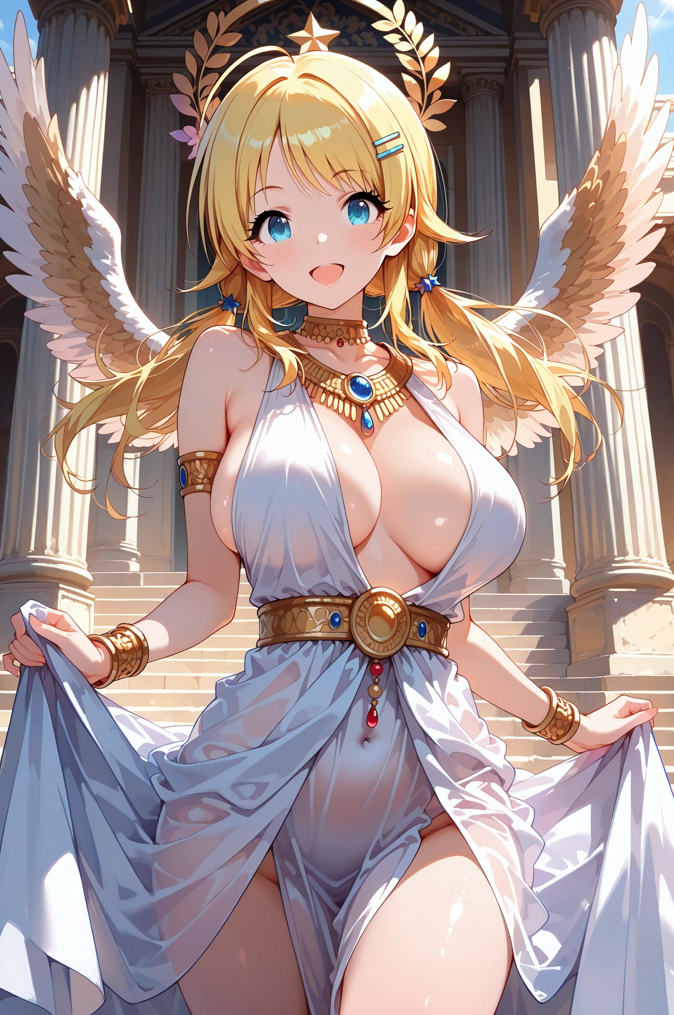 （8K ，hyper-detailing，ultra real photo，Best masterpiece，natural，Perfect artwork，Perfect female body），Two cute busty girls ，Hair color，（Big ????），Angelic，sankta，obsessed，the angel's wings，The halo，Angel is coming，Inside Guangming Yunhai Temple，Crystal Fish White Jade Pillar Ornaments，glorious paradise，beautiful paradise，golden brilliance，Wearing a see-through ???? gauze skirt，???? ?????????????????，ssee-through，Built-in ?????，The cracks are relatively large，stretch the meat，Raised ????，Flirtatious，??????? exposure ，Full body photo