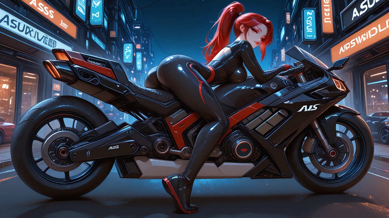 masterpiece, best quality, absurdres, highres, realistic,
science fiction, cyberpunk, cityscape, neon lights,
1girl, red hair, long hair, wavy hair, ponytail, green eyes, large breasts,
japanese armor, green armor, power suit, reverse bikini armor, see-through black bodysuit, pussy, cameltoe, covered nipples,
riding, on motorcycle, hover bike,
looking at viewer, from below,
wide shot, dutch angle, depth of field,